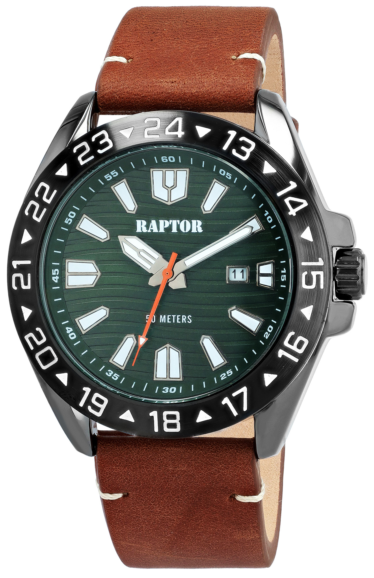 Raptor Herrenuhr "Kolja" mit Echtlederband, Ø 44 mm, braun/ schwarz/ grün