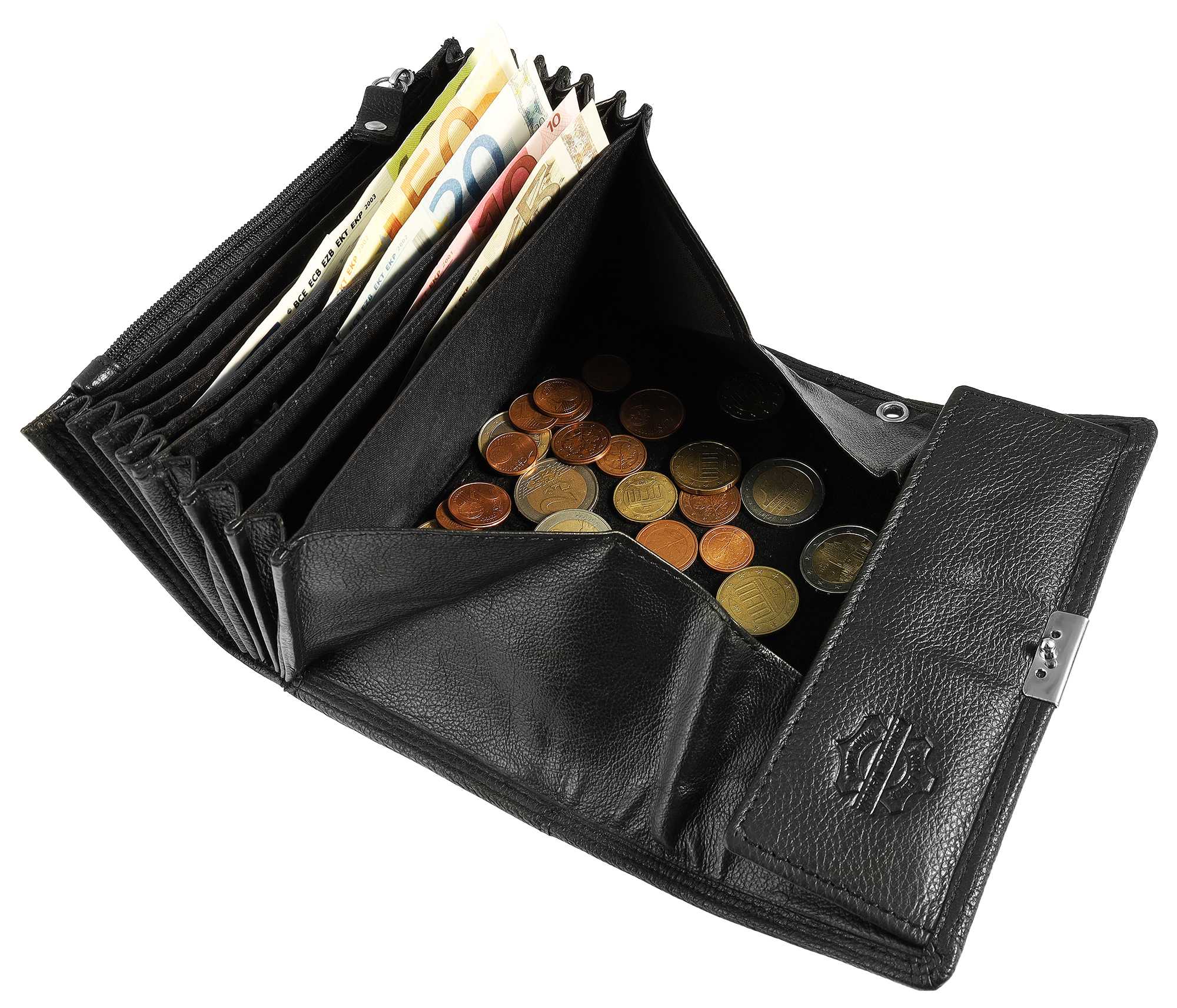 Leonardo Verrelli, Echtleder Kellner-Geldbörse, mit Tasche u. Kette, Tuck Lock-Verschluss, klein, schwarz