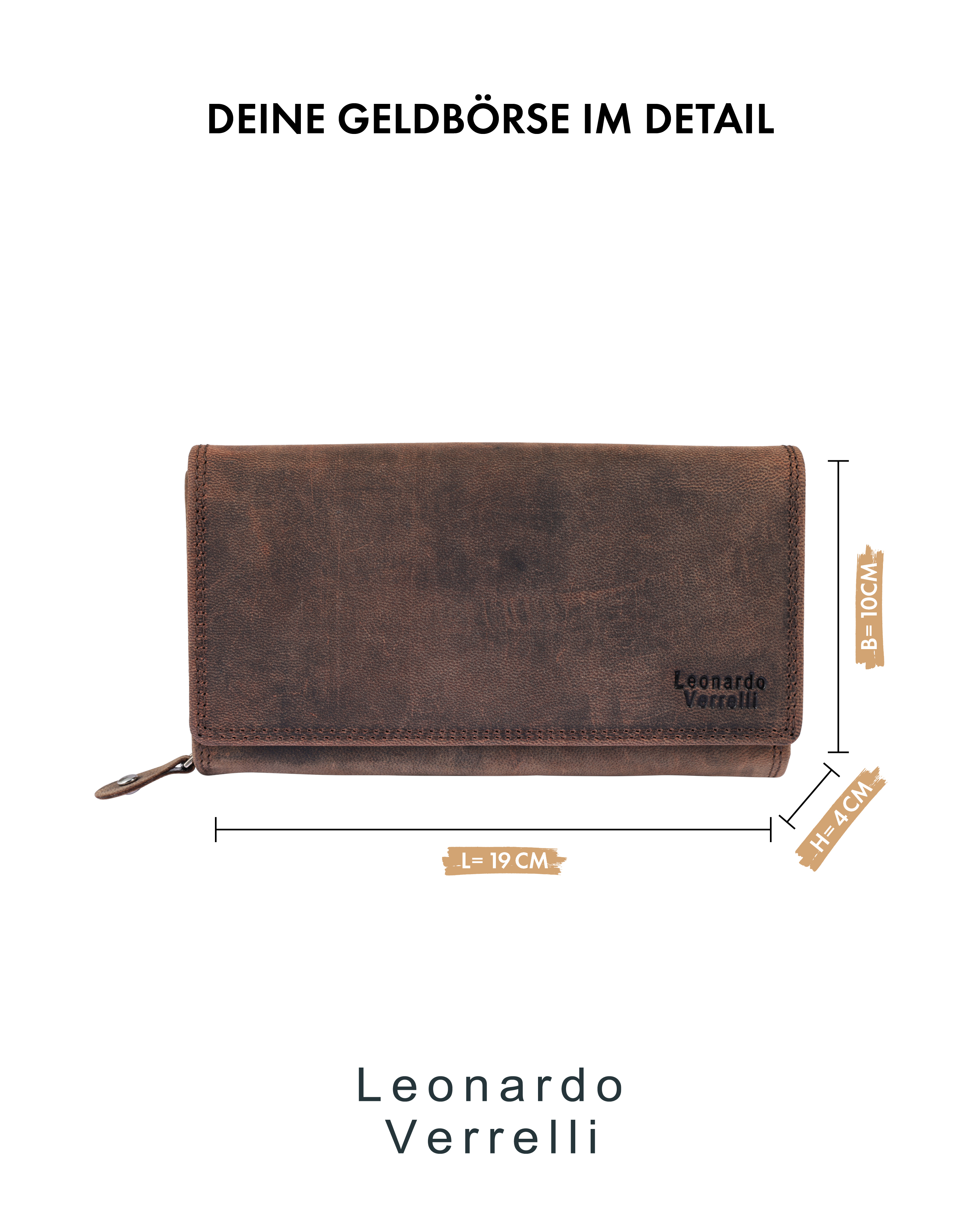 Leonardo Verrelli Echtleder (Hunter) Damen Geldbörse, Querformat, RFID, dunkelbraun