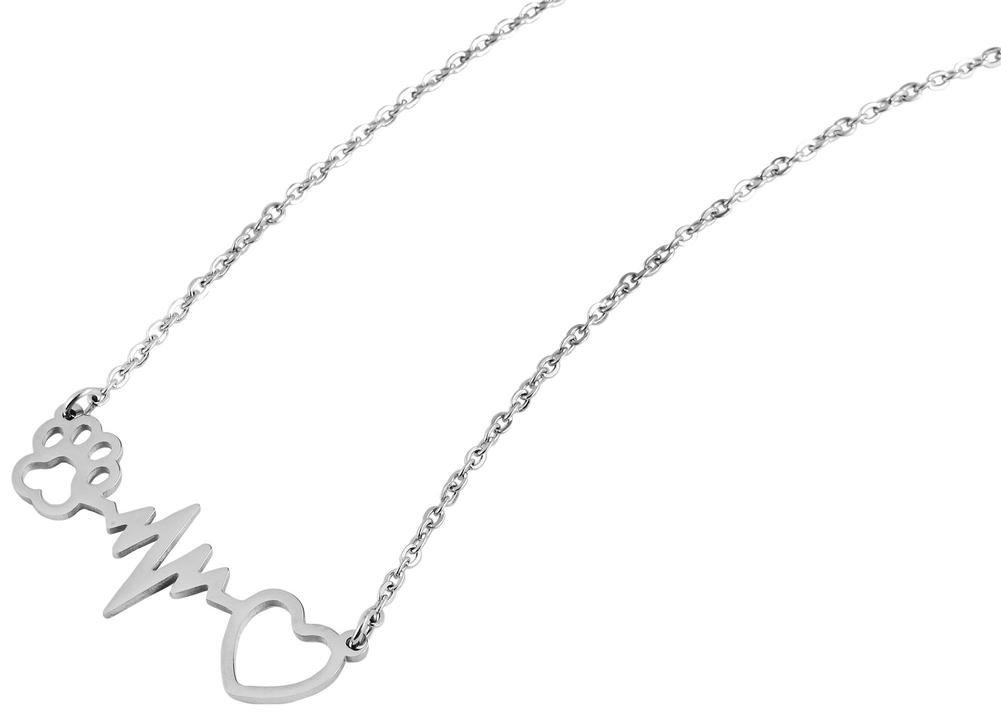 "Lieblingspfote" Edelstahl Kette mit Anhänger - Pfoten, Herz & Herzschlag, 43 + 5cm, silberfarben