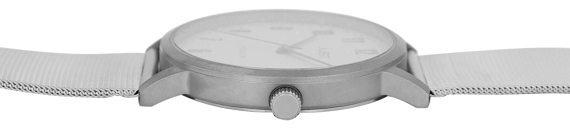 Just Titan Herrenuhr mit Edelstahl-Milanaisearmband, 5 ATM, graues ZB/schwarze Ziffern