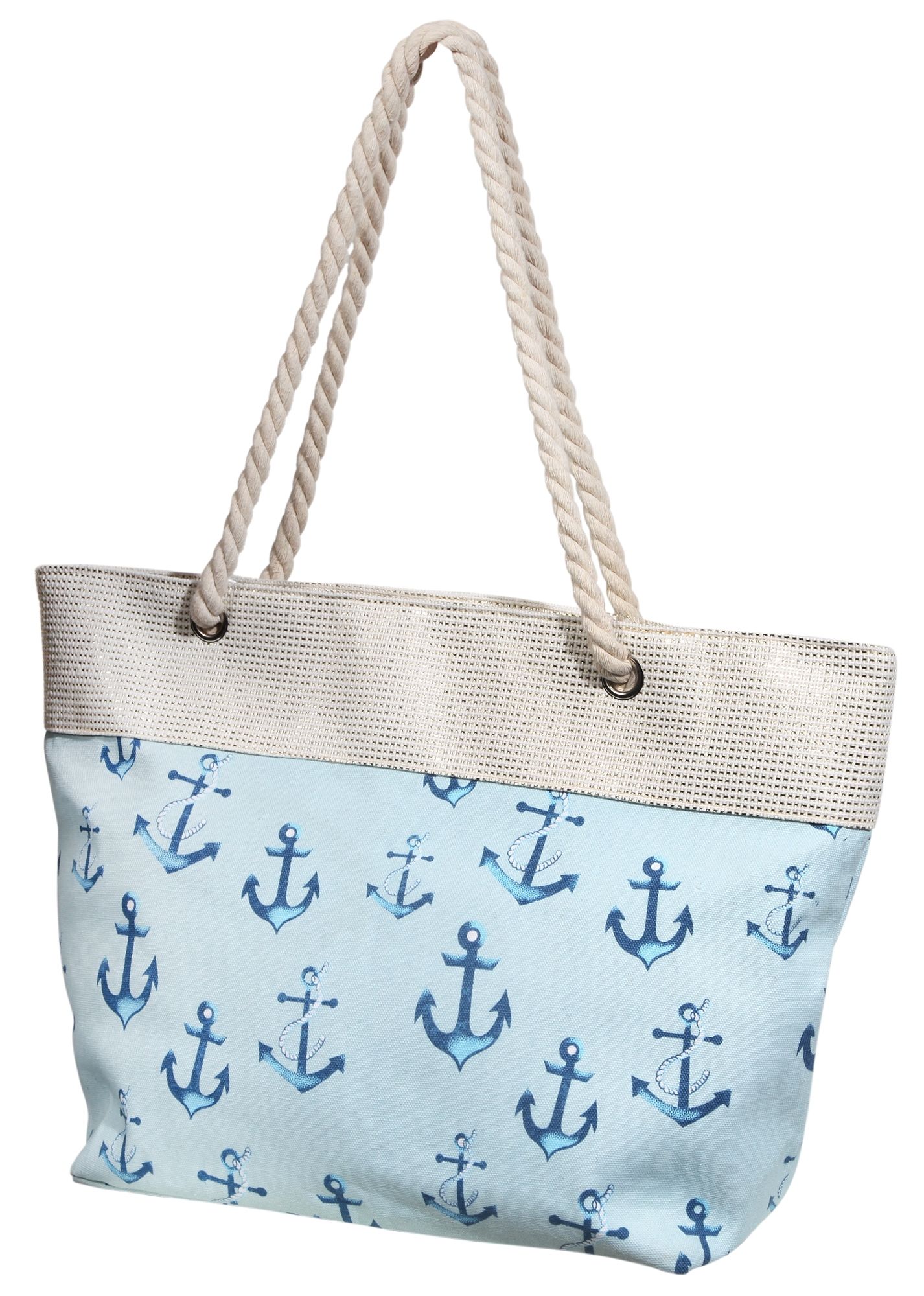 Strandtasche aus Textil mit Ankermotiven in Hellblau