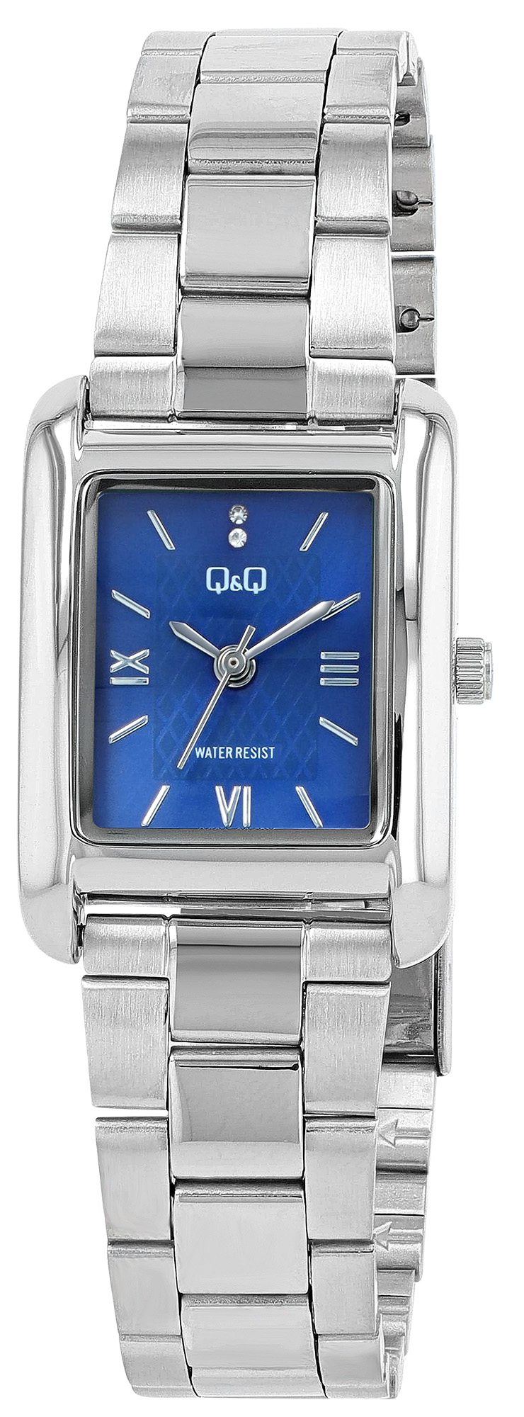 Q&Q Damenuhr (rechteckiges Gehäuse 30 × 22 mm), Edelstahlband, silberfarben/ blau