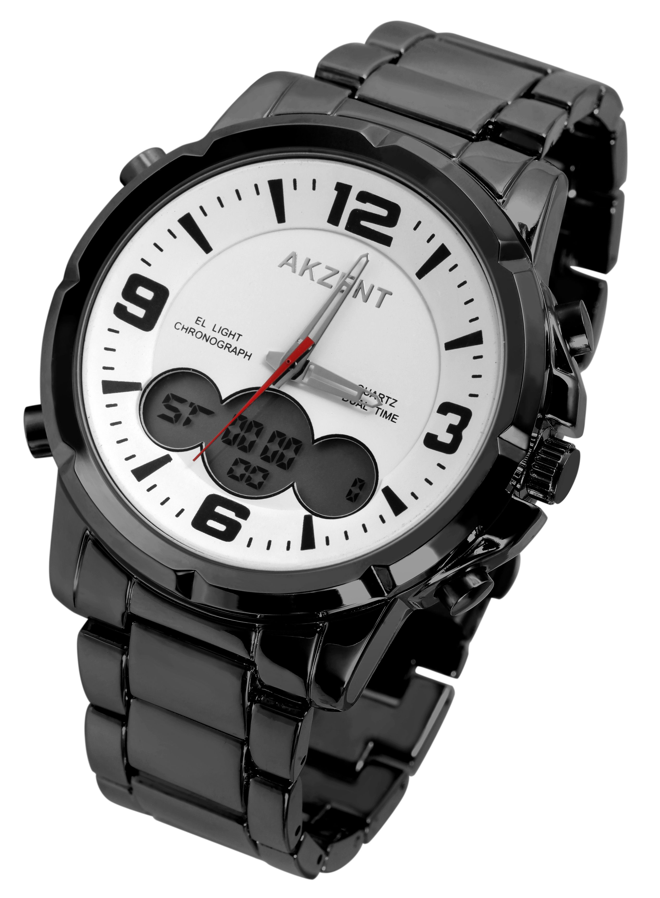 Akzent Analog/Digital Herrenuhr mit Edelstahlarmband, schwarz/weiß