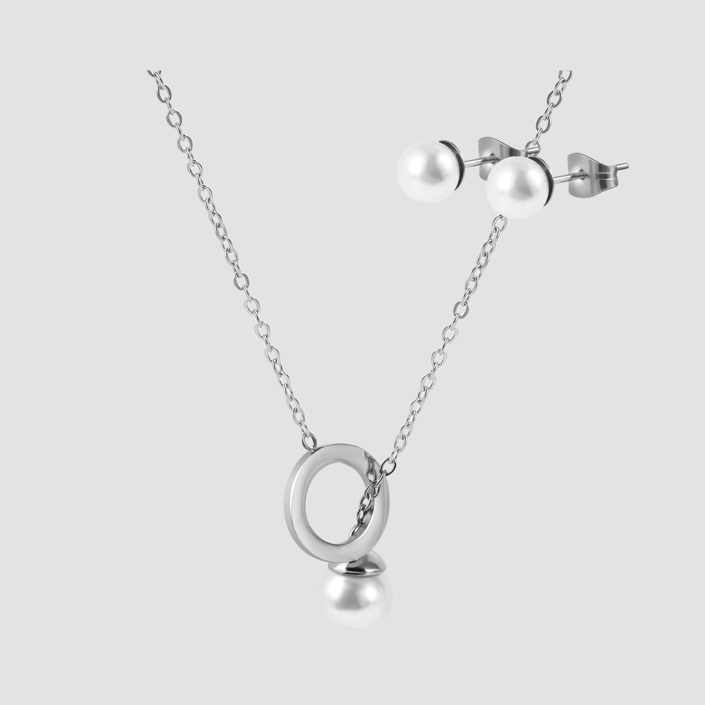 Akzent Schmuckset, Kette und Ohrstecker, Edelstahl, Perle, silberfarben