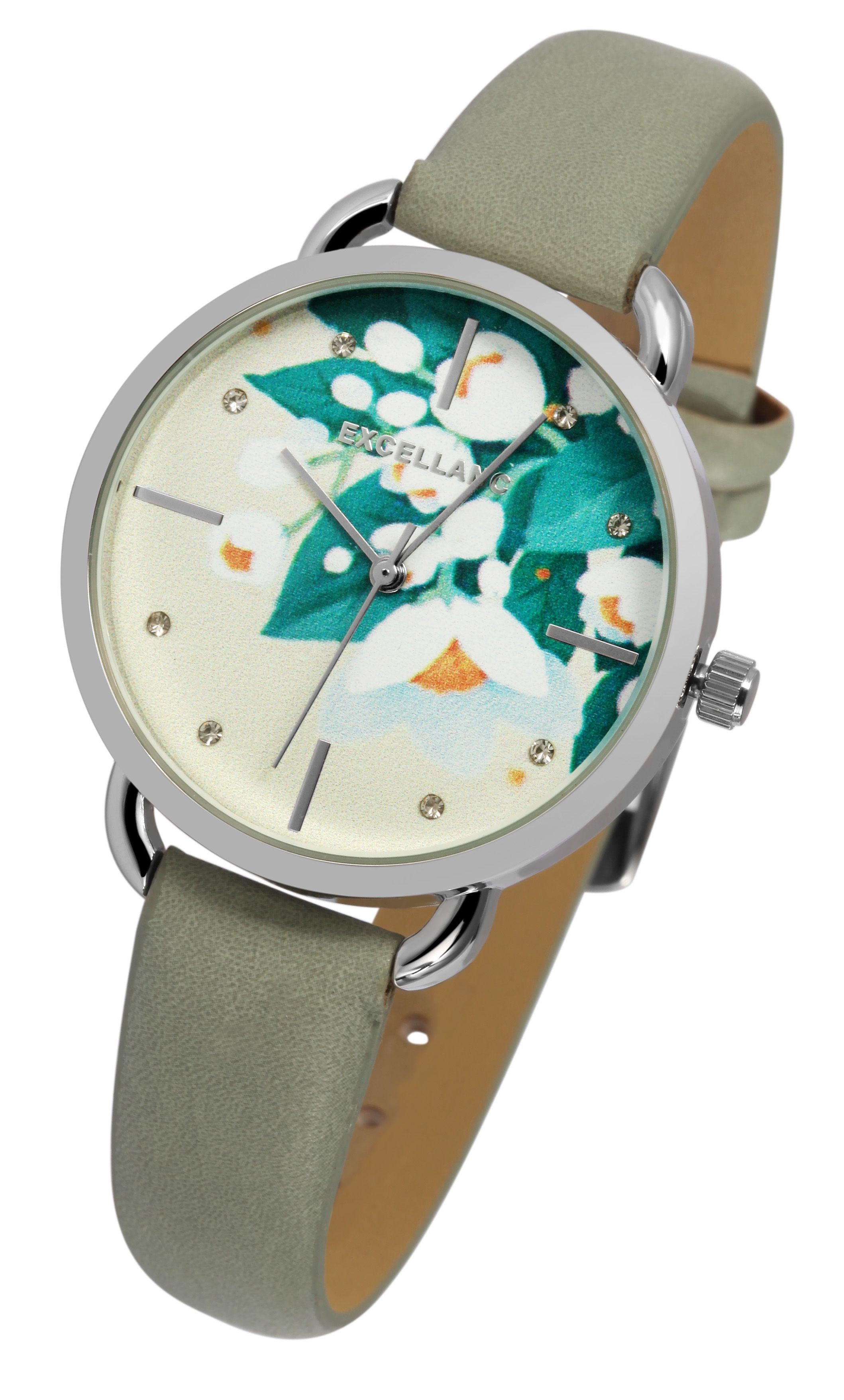Excellanc Damenuhr mit Lederimitationsarmband, floral, mint