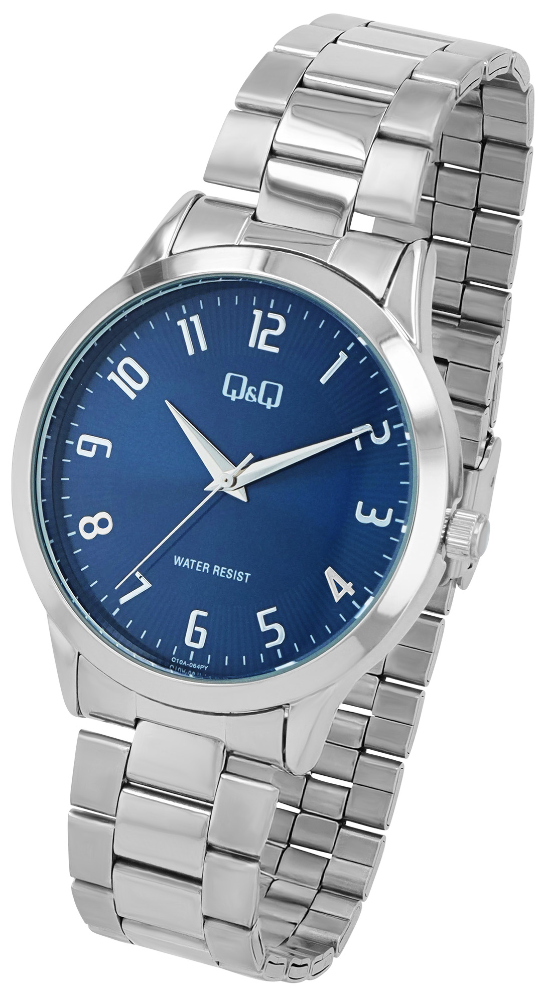 Q&Q Herrenuhr Ø 41 mm, Edelstahlband, silberfarben/ blau