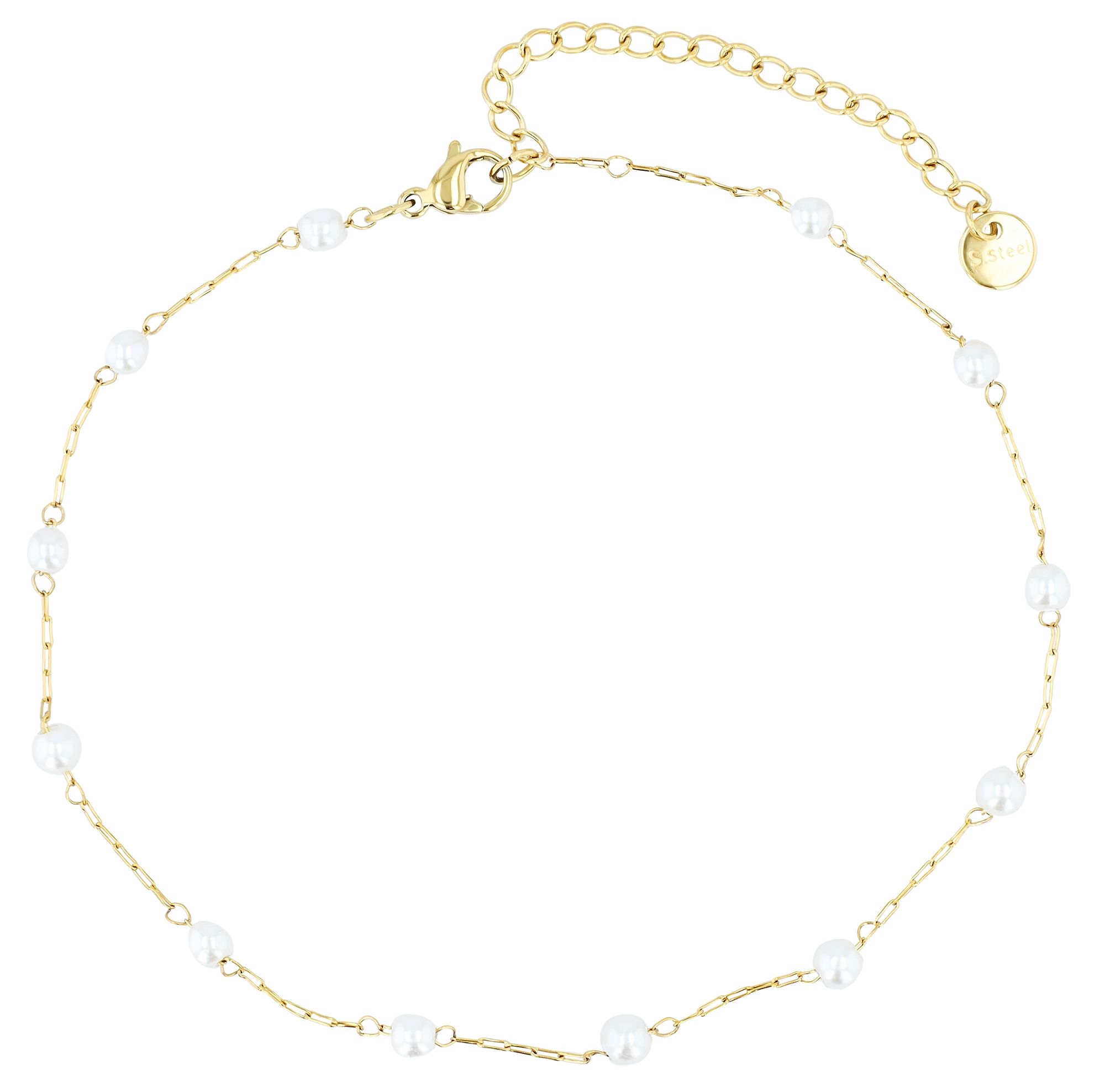 "Dafi" Fußkettchen, Edelstahl mit Kunstperlen, 24 + 5 cm, goldfarben