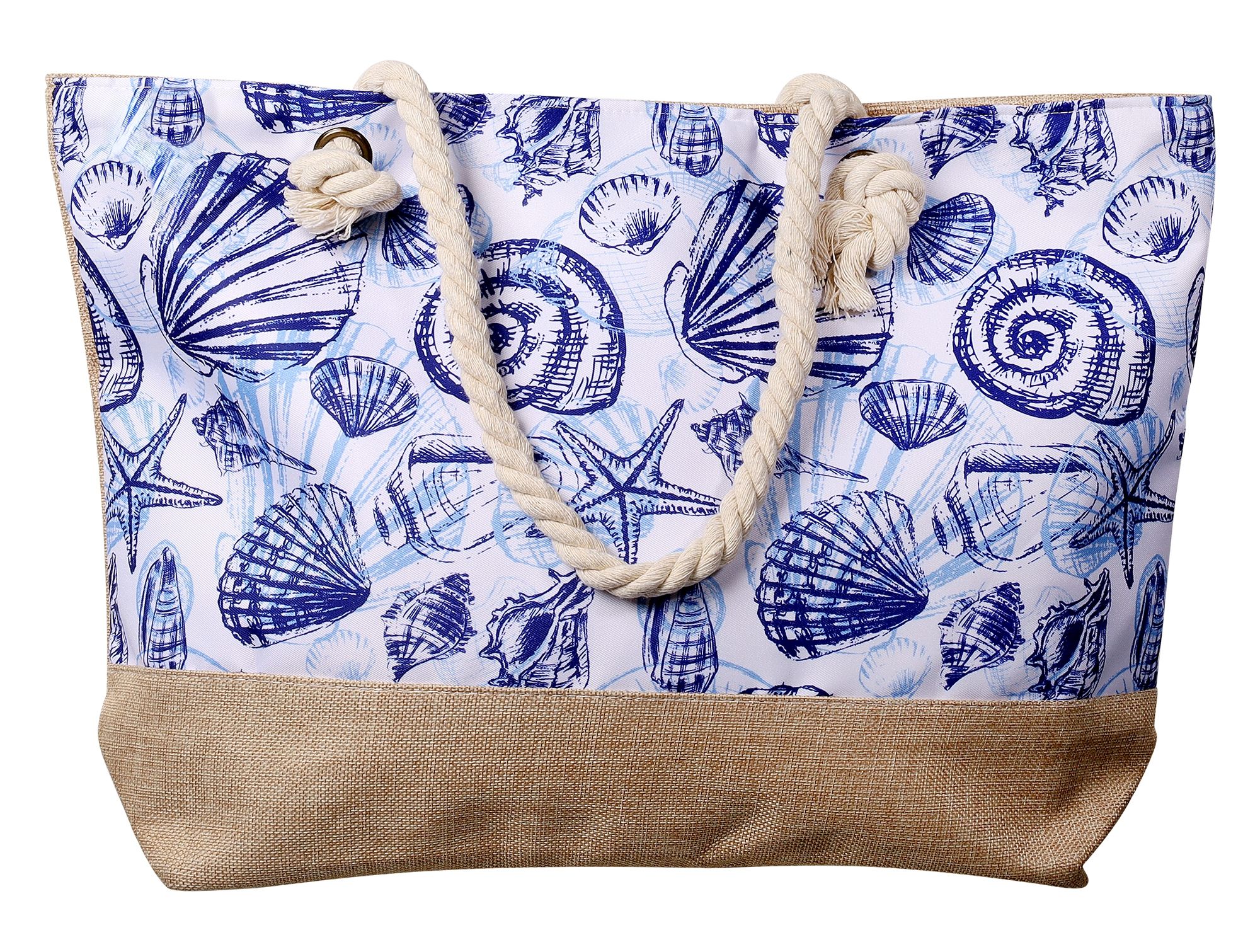 Strandtasche mit maritimen Motiven, weiß mit dunkelblauen Muscheln