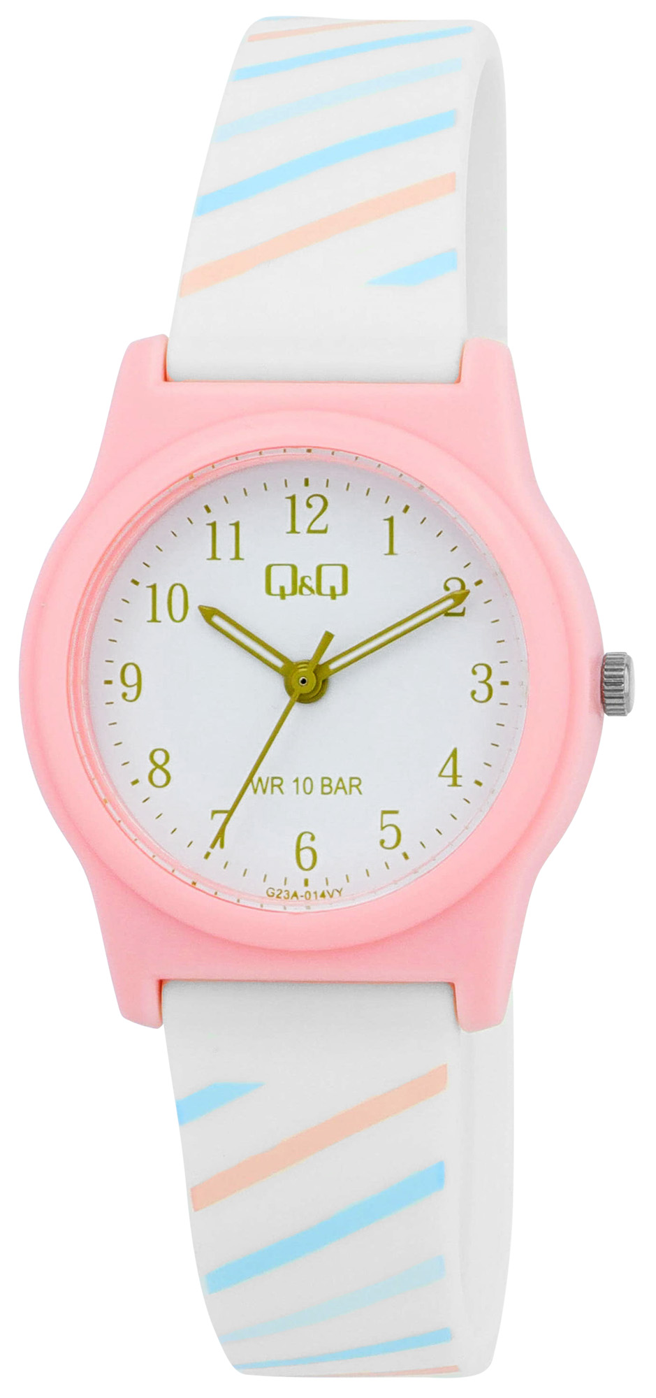 Q&Q Kinderuhr Ø 31 mm, Resinband, weiß/ rosa - Streifenmuster