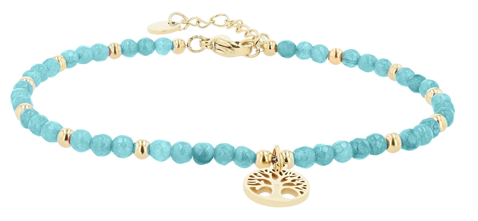 Akzent Armband mit Lebensbaumanhänger, Edelstahl & Kunststoffperlen, goldfarben/hellblau
