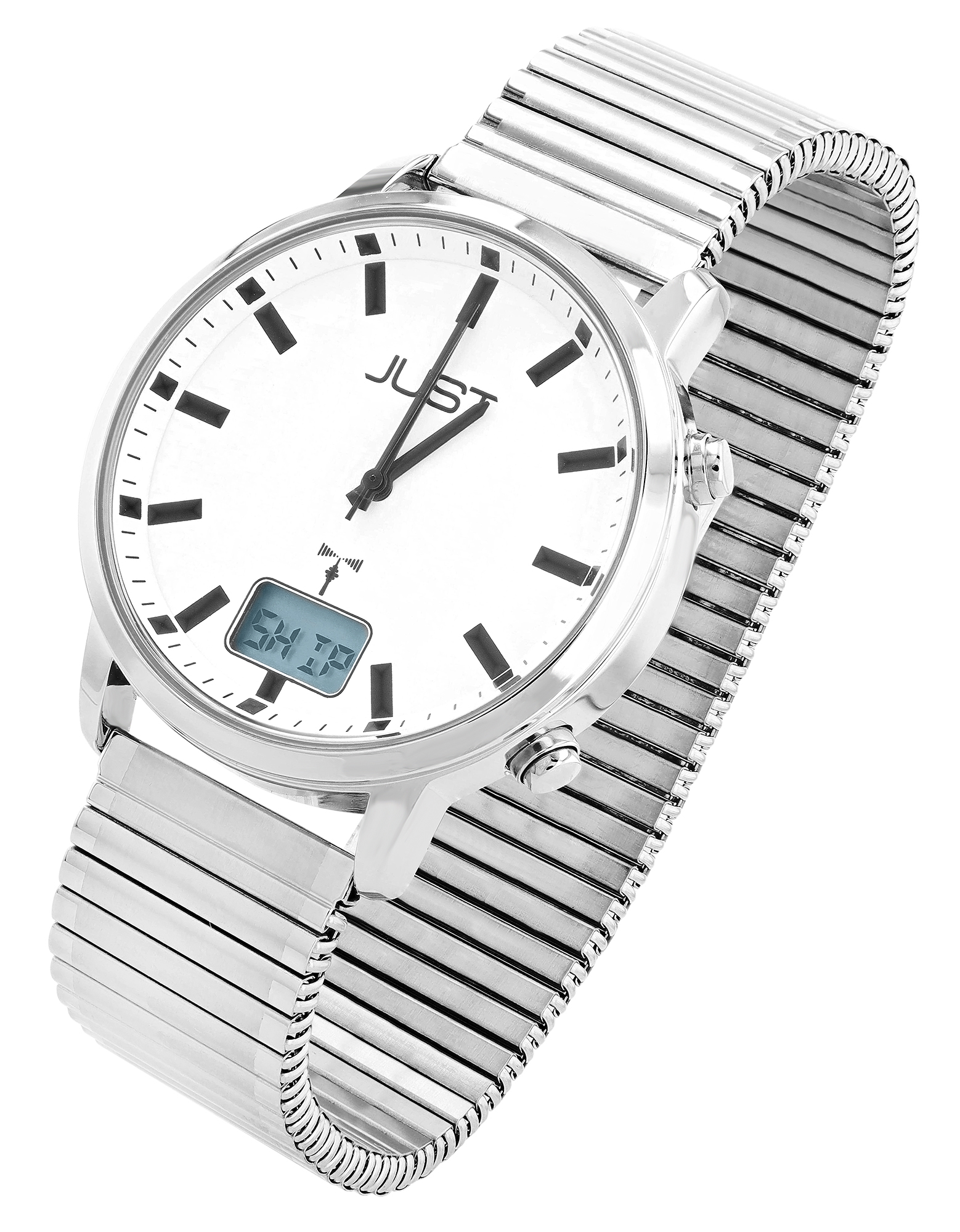 JUST Herren-Funkuhr "Vita Pura" Ø 40 mm (weißes Zifferblatt & Strichindex), Edelstahl-Zugband