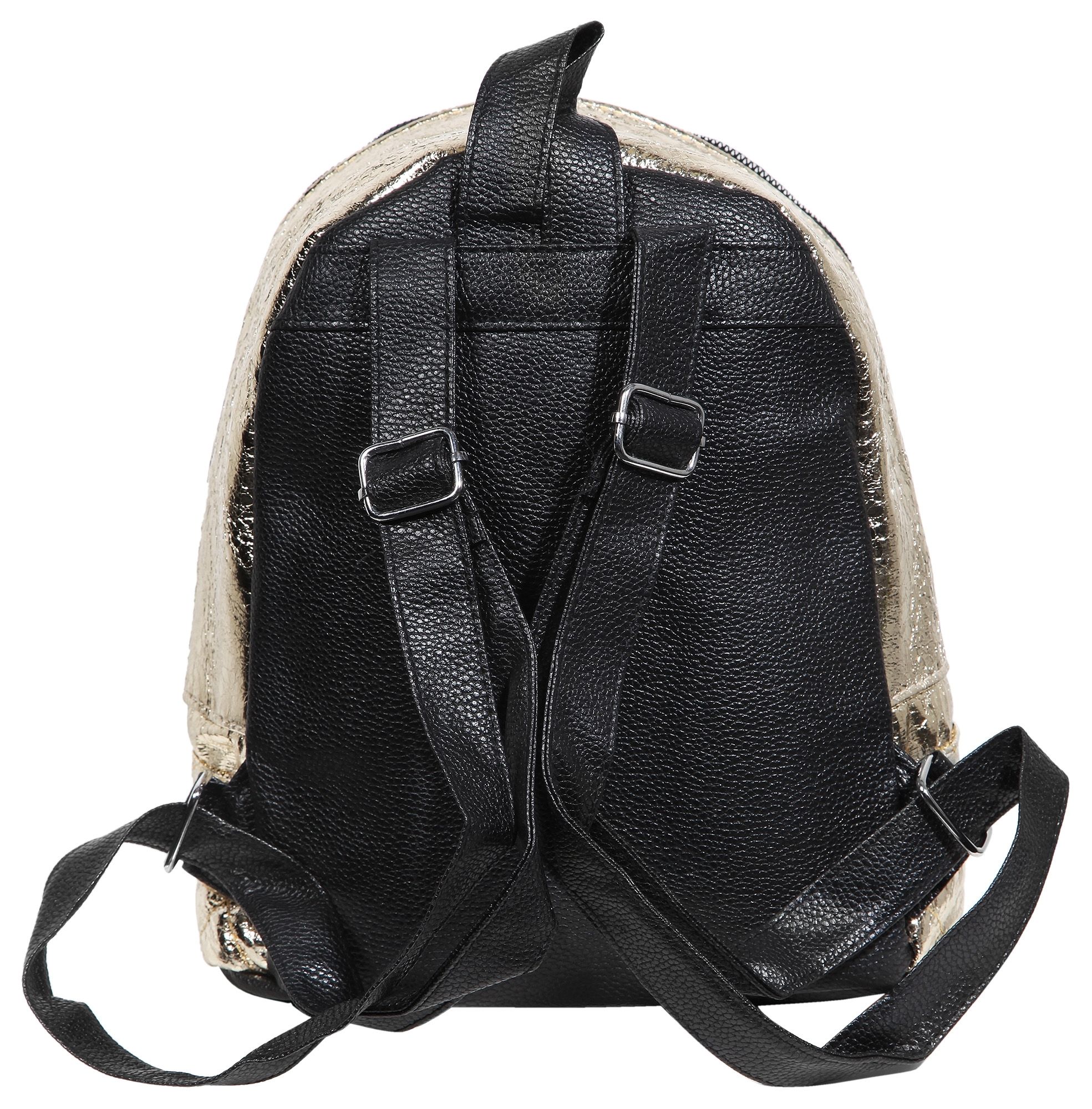 Damen-Rucksack aus Lederimitat, goldfarbig, schwarz, Länge: 26 cm / Breite: 23,5 cm / Stärke: 11,5 cm