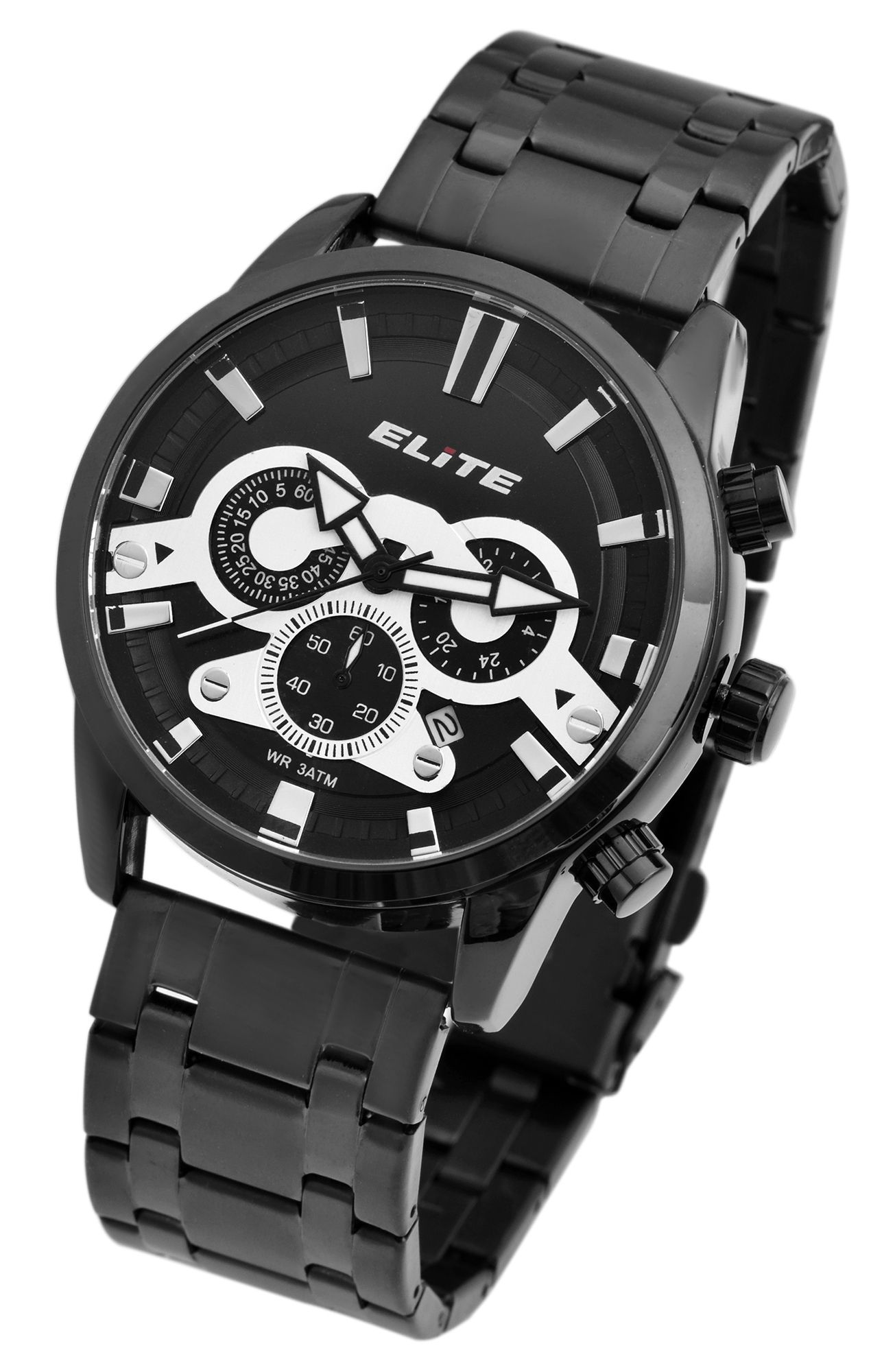 Elite Herren Chronograph mit Metallband, 3ATM, Schwarz/ silberfarbig