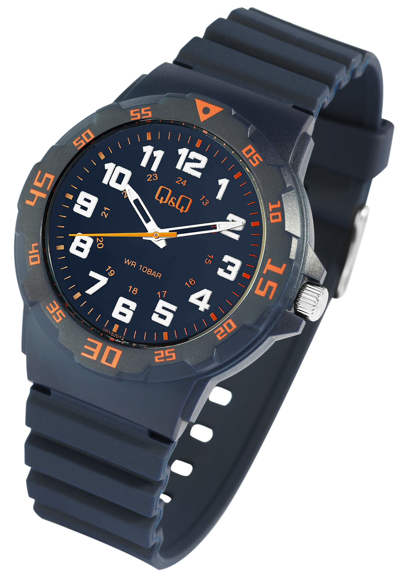 Q&Q Herrenuhr mit Silikonarmband, Ø 43 mm, blau/ orange Details