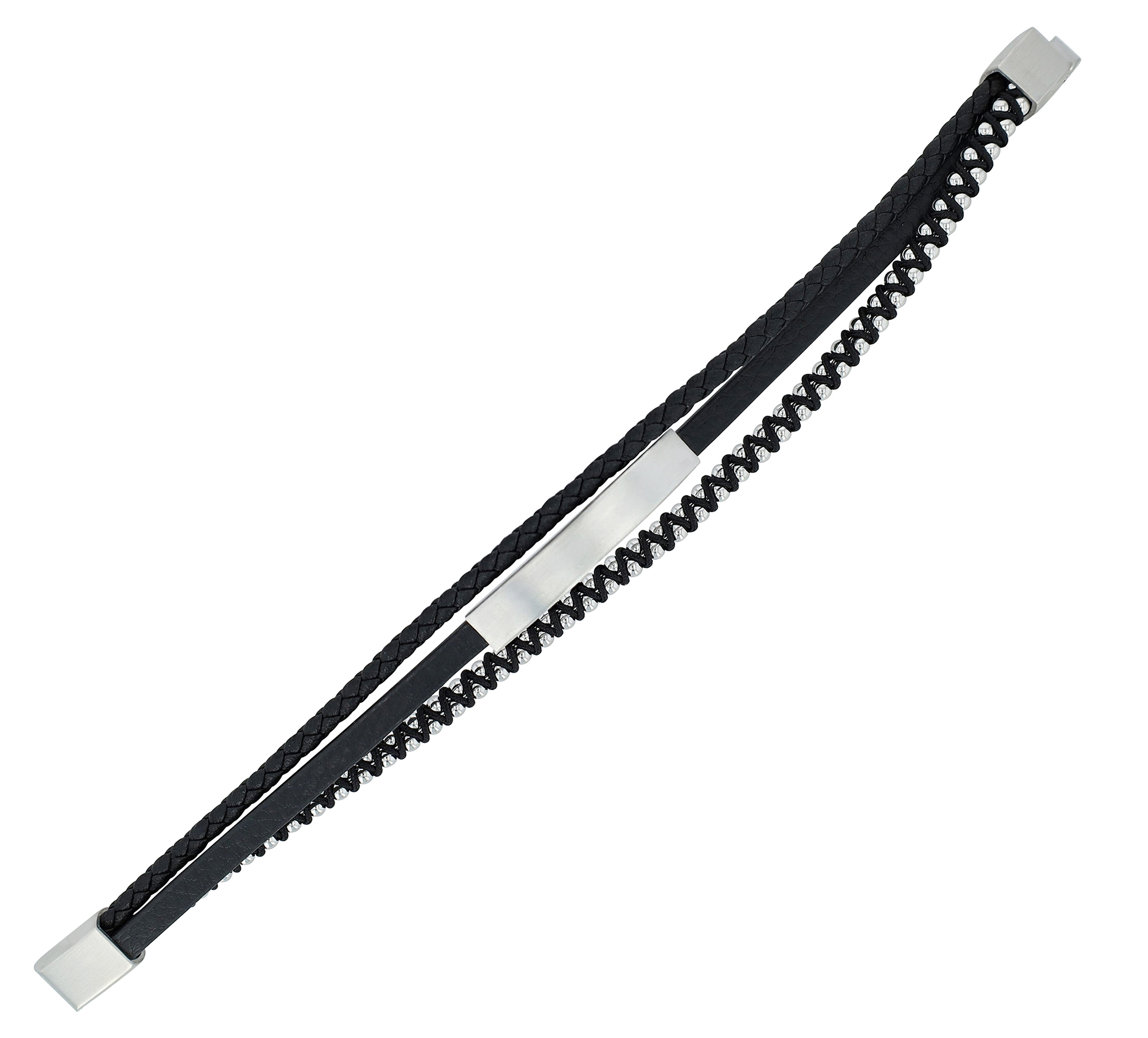 Akzent Armband mit Gravurplatte aus Echtleder und Edelstahl, schwarz/silberfarben