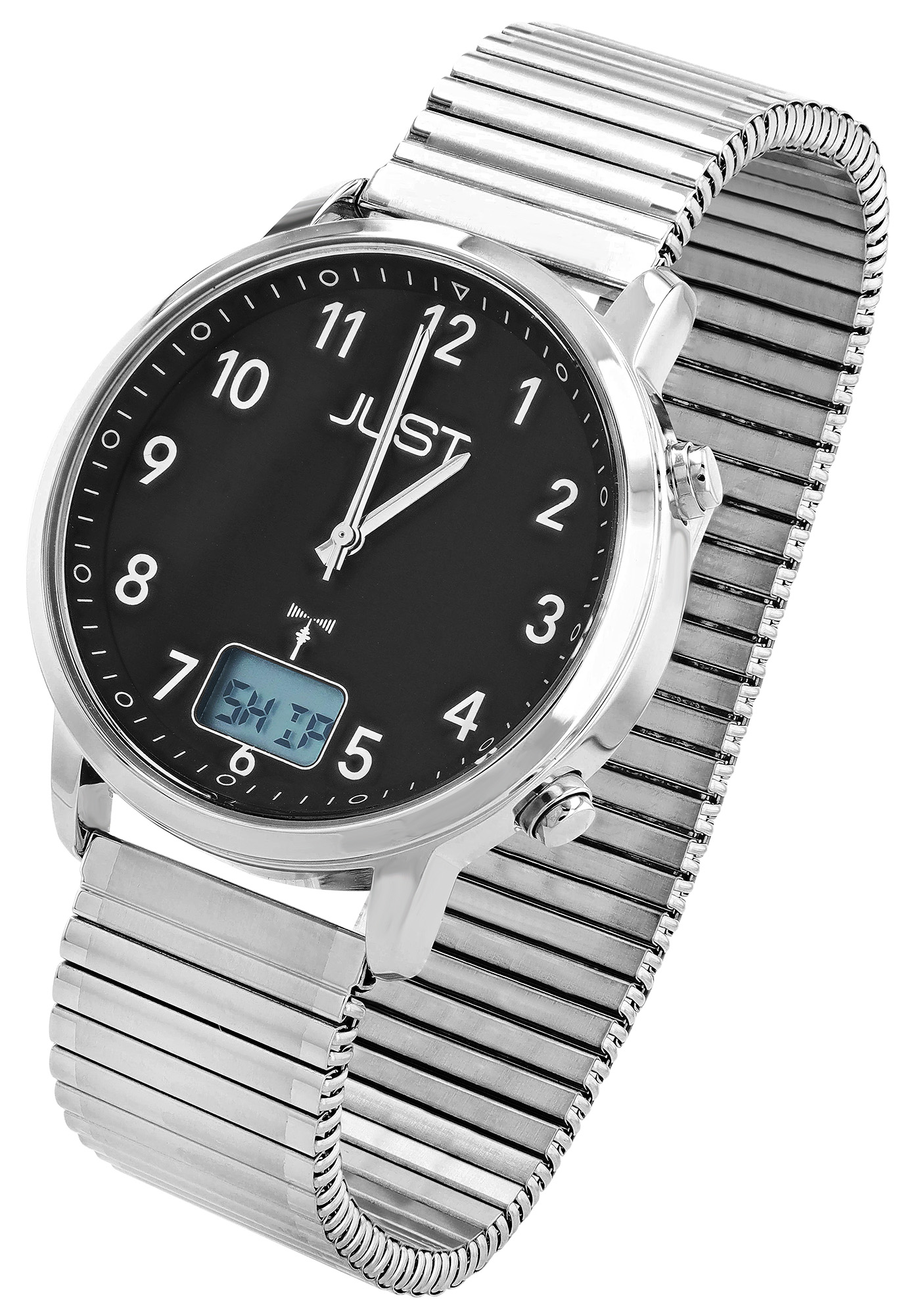 JUST Herren-Funkuhr "Vita Tempus" Ø 40 mm (schwarzes Zifferblatt & Arabische Ziffern), Edelstahl-Zugband