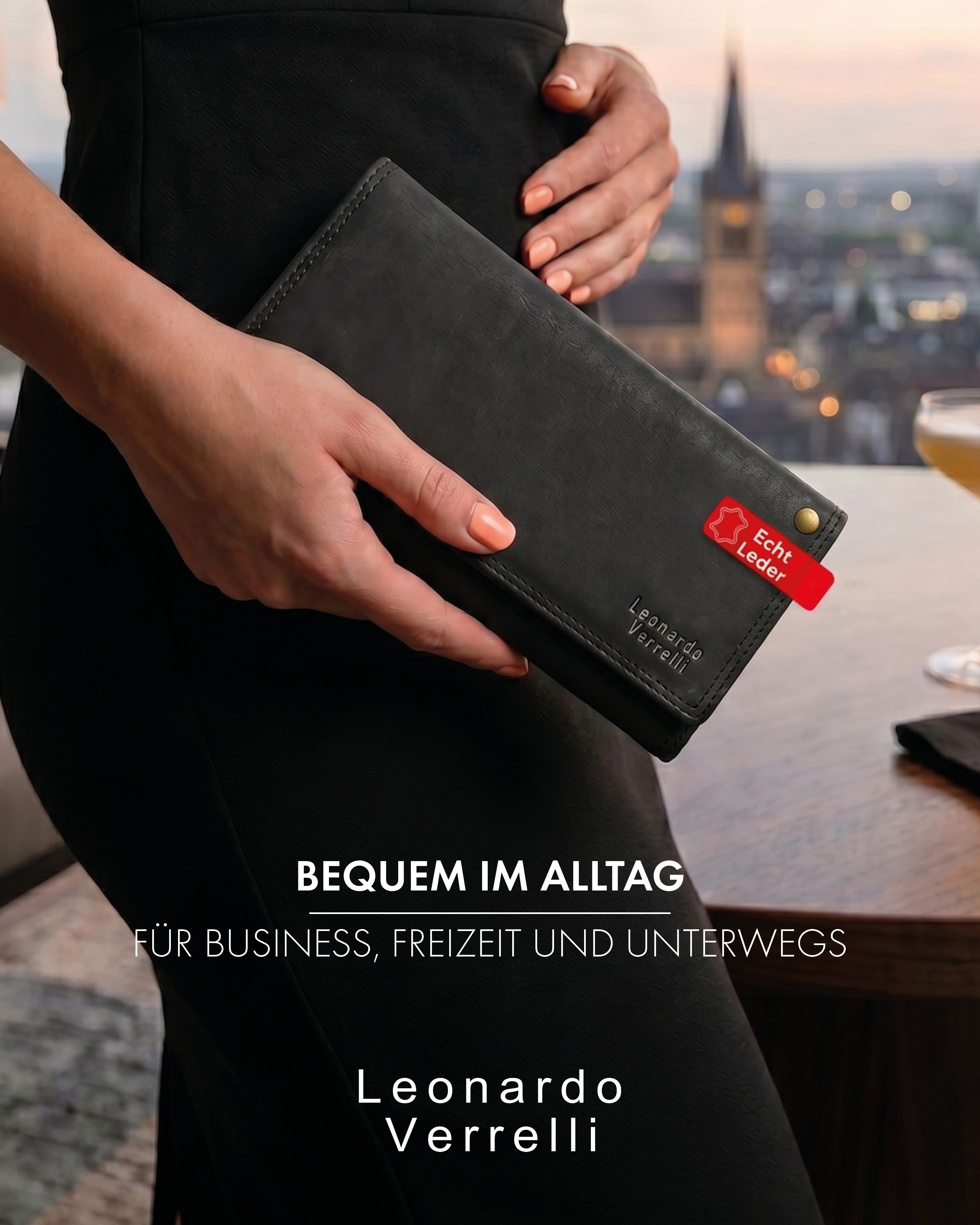 Leonardo Verrelli Echtleder (Hunter) Damen Geldbörse, Querformat, RFID, schwarz
