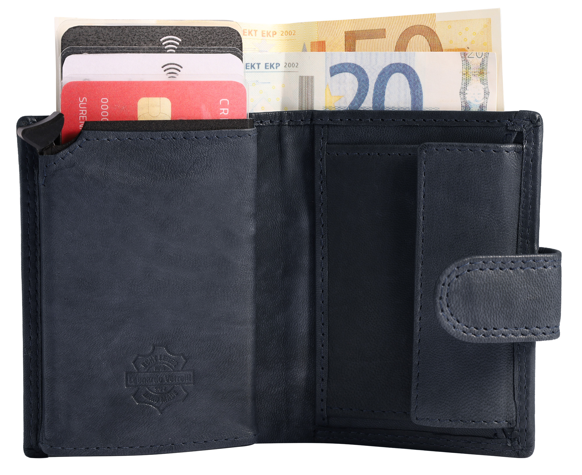 Leonardo Verrelli Echtleder (soft) Geldbörse mit Pop-up-Kartenhalter, RFID, dunkelblau