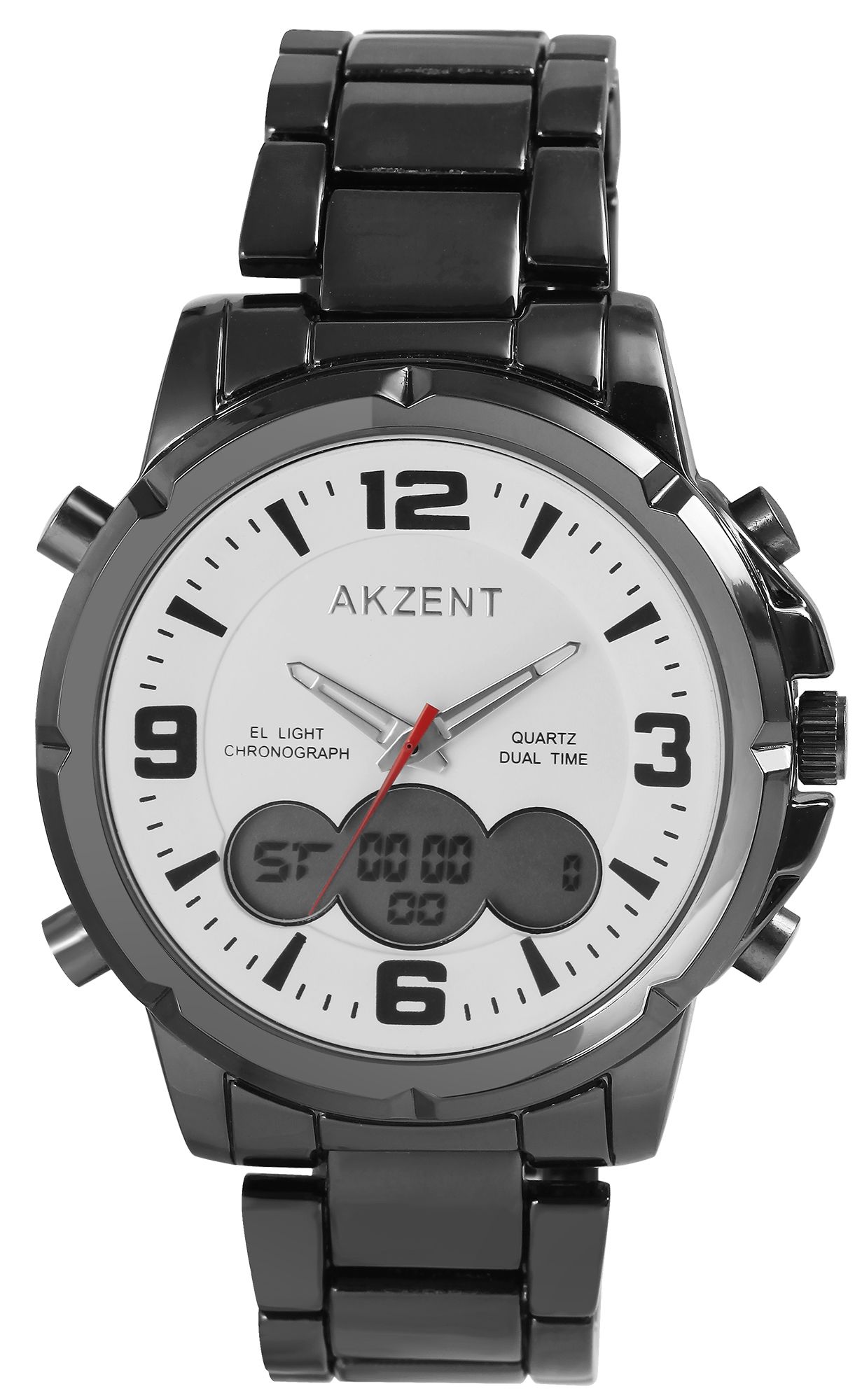 Akzent Analog/Digital Herrenuhr mit Edelstahlarmband, schwarz/weiß