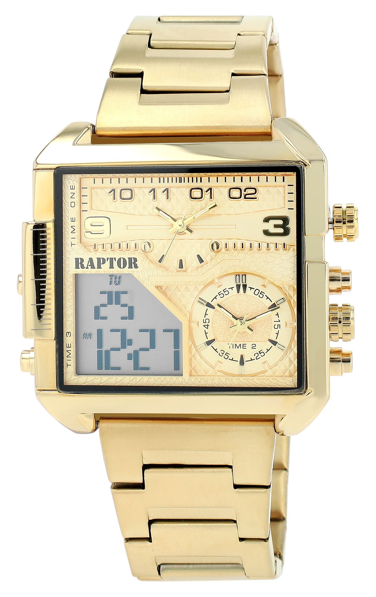 Raptor Herrenuhr "Domian" mit Edelstahlarmband, 3 Zeitzonen, eckig, analog/digital, goldfarben