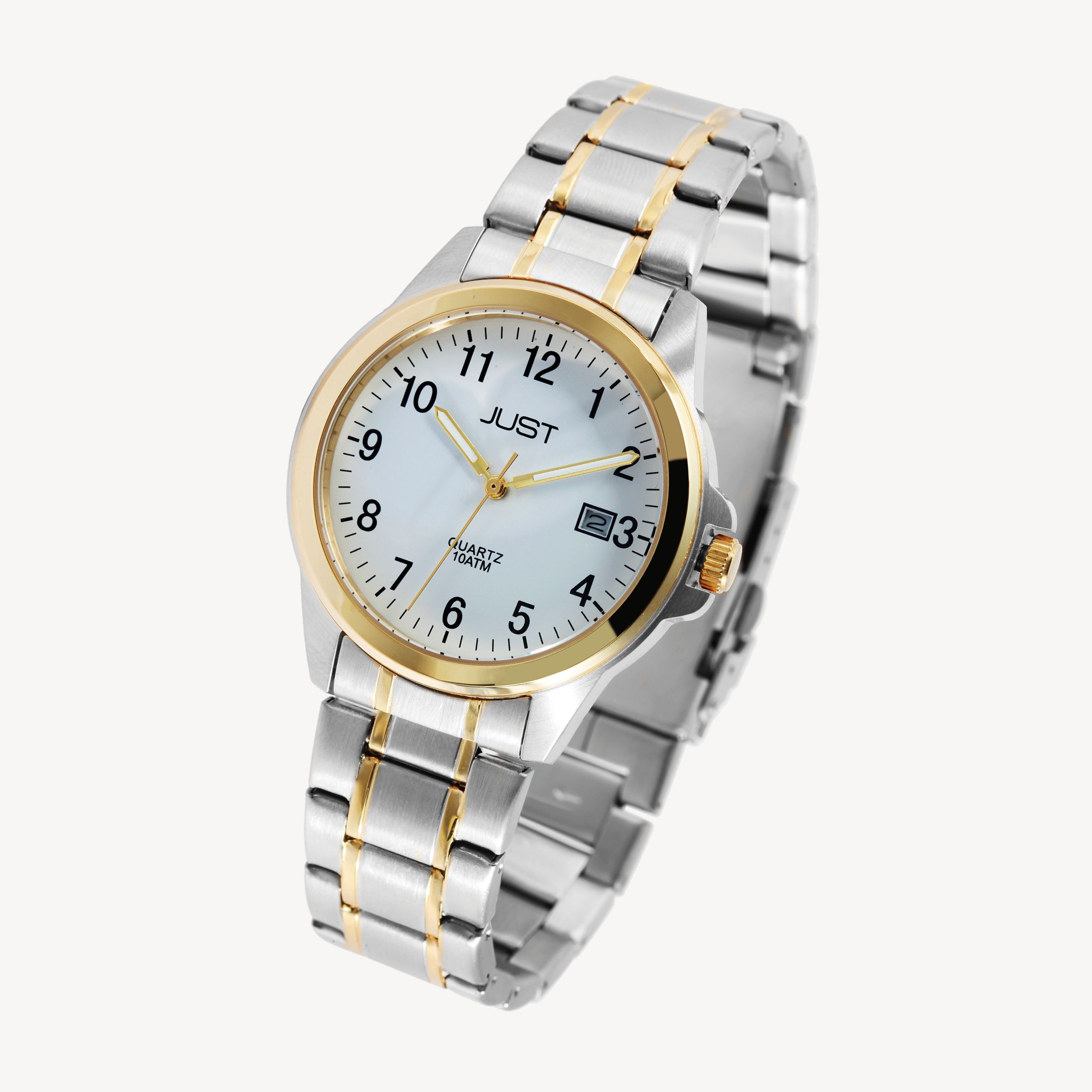 Just "Baroon" Herrenuhr mit Edelstahlband, 3-Zeiger, Datumsanzeige, bicolor, weißes ZB