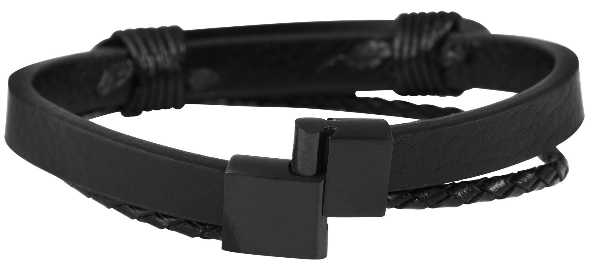 Akzent Echtlederarmband mit Edelstahlelement, schwarz/schwarz