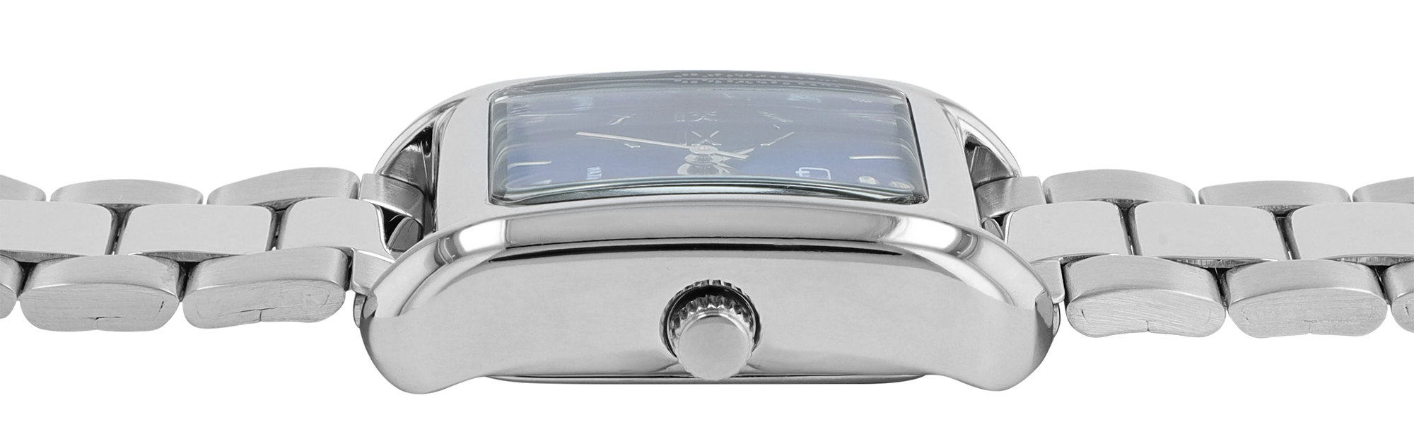 Q&Q Damenuhr (rechteckiges Gehäuse 30 × 22 mm), Edelstahlband, silberfarben/ blau