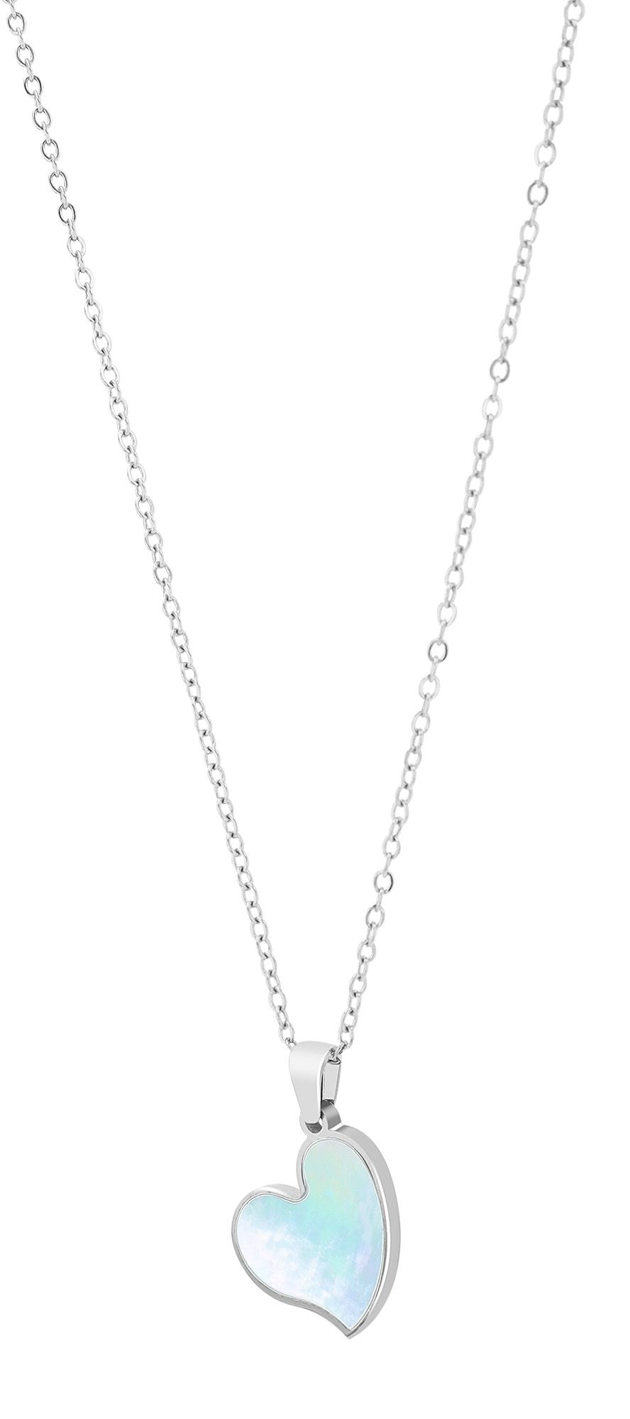 "Jorvina" Schmuckset, Kette (45+5 cm) + Ohrstecker, Herz, Edelstahl/ Perlmutt, silberfarben
