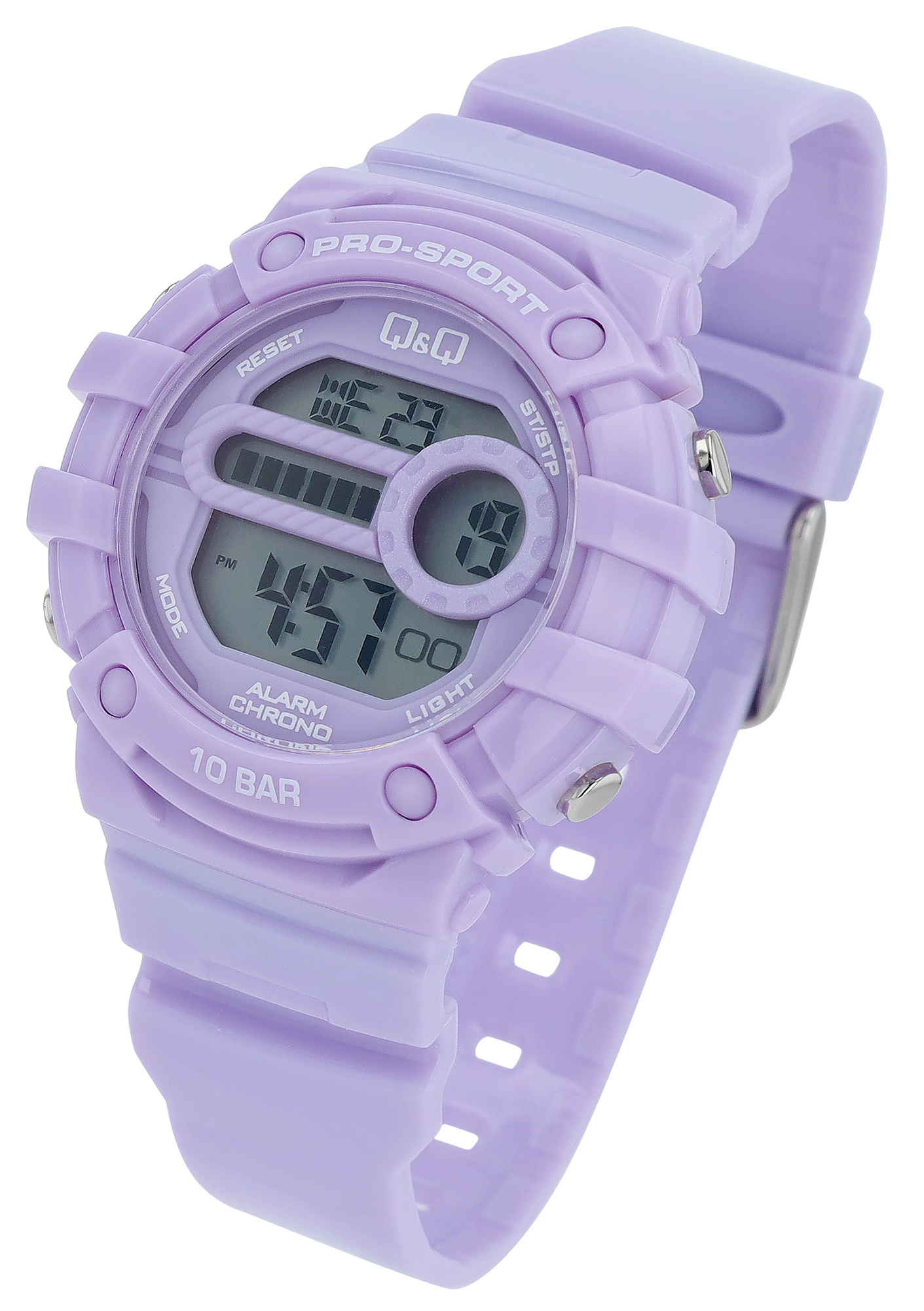 Q&Q Damen Digitaluhr, Kunststoffgehäuse, Silikonband, lila, 10 ATM, Ø 40,5 mm