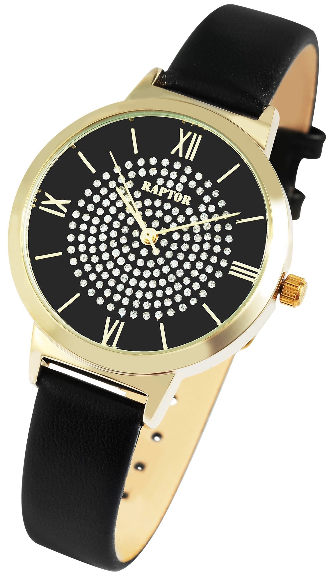Raptor Damenuhr "Tess" mit Echtlederarmband, schwarz/goldfarben