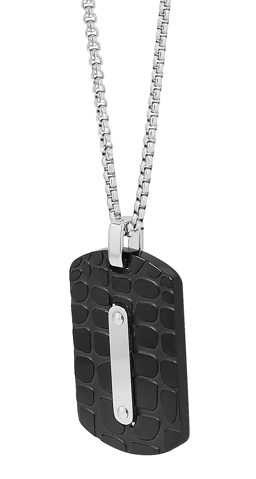 "Bravo" Edelstahlkette mit schwarzem Gravuranhänger/ Dog Tag, 60 cm
