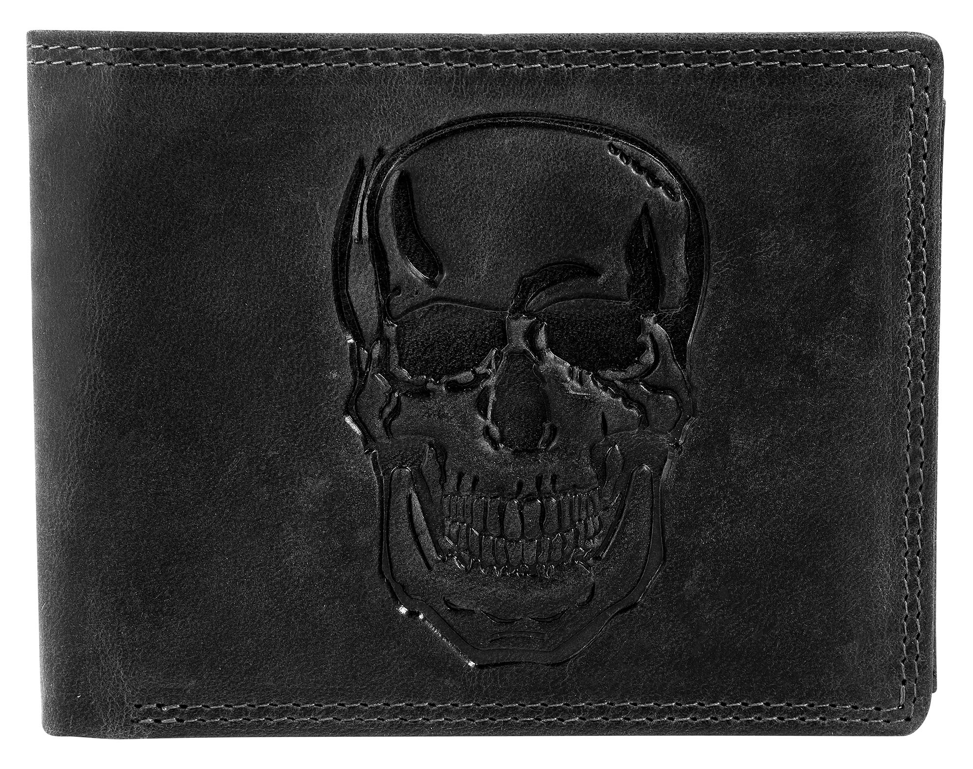 Akzent Echt Leder (Hunter-Leder) Geldbörse, RFID, Querformat, "Totenkopf", schwarz