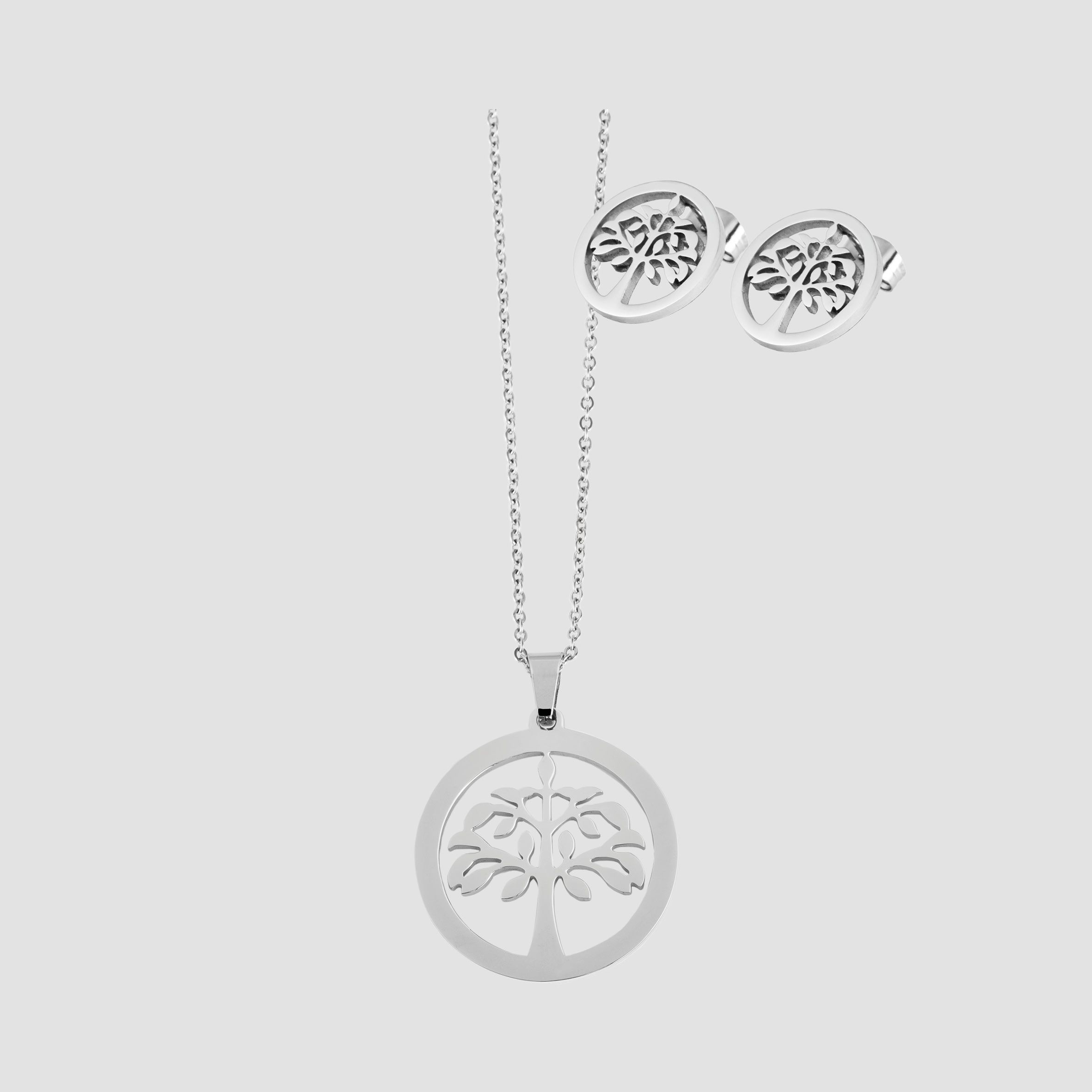 Akzent Edelstahl Schmuckset, Lebensbaum Kette + Ohrstecker, 45+5 cm, silberfarbig