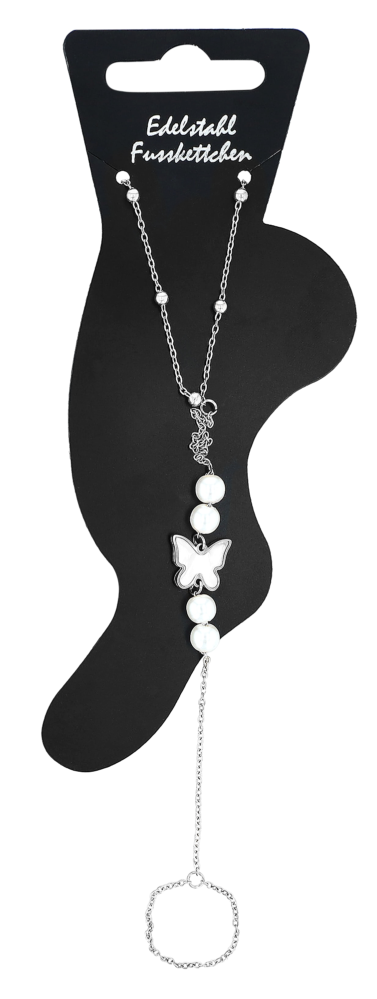 "Daisy" Fußkette mit Zehenring, Schmetterling und Perlen, silberfarben, 21 + 5 cm