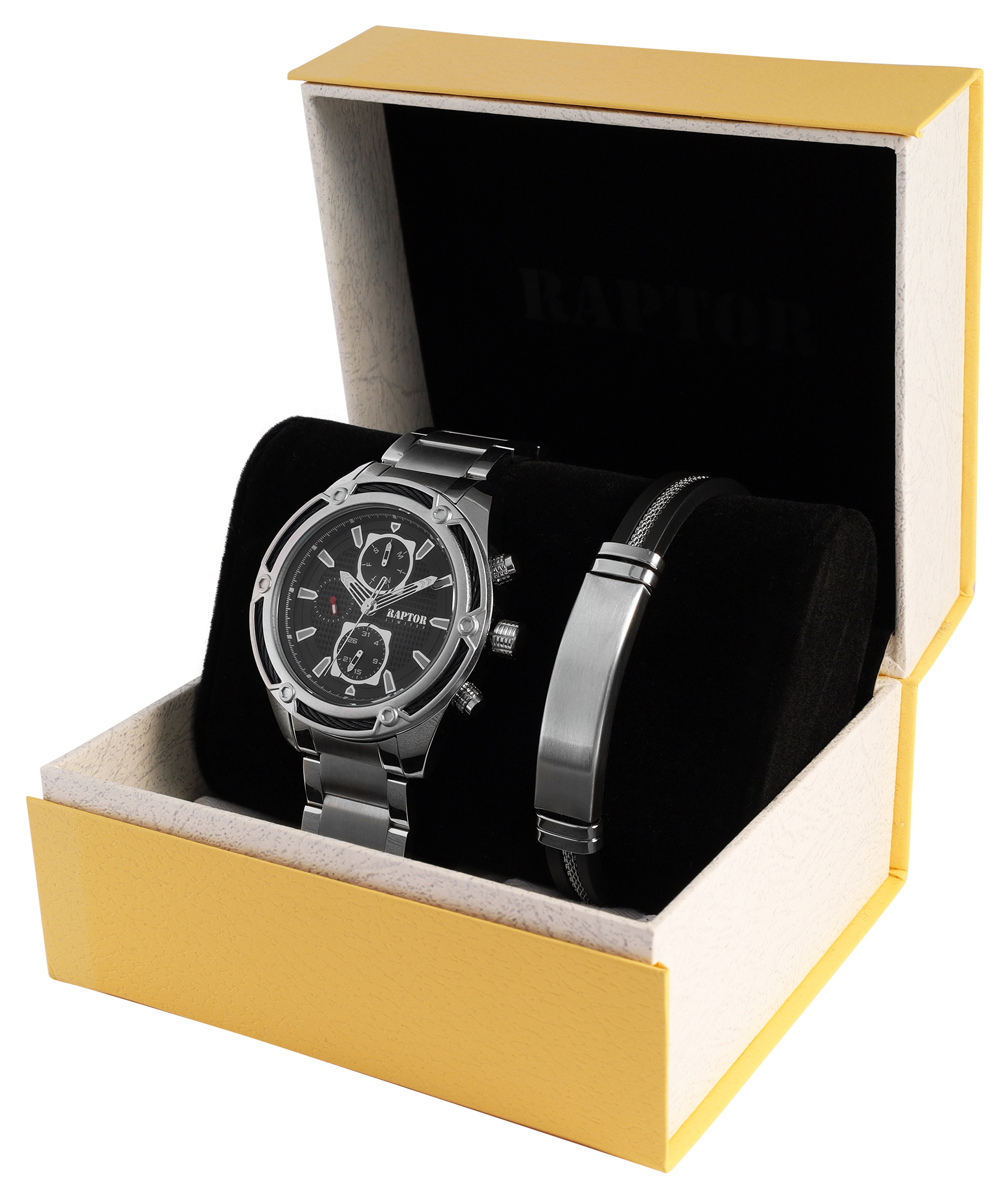 Raptor Herren Geschenkset - Herrenuhr Edlestahlband (Multifunktion) mit Armband 21 cm aus Silikon