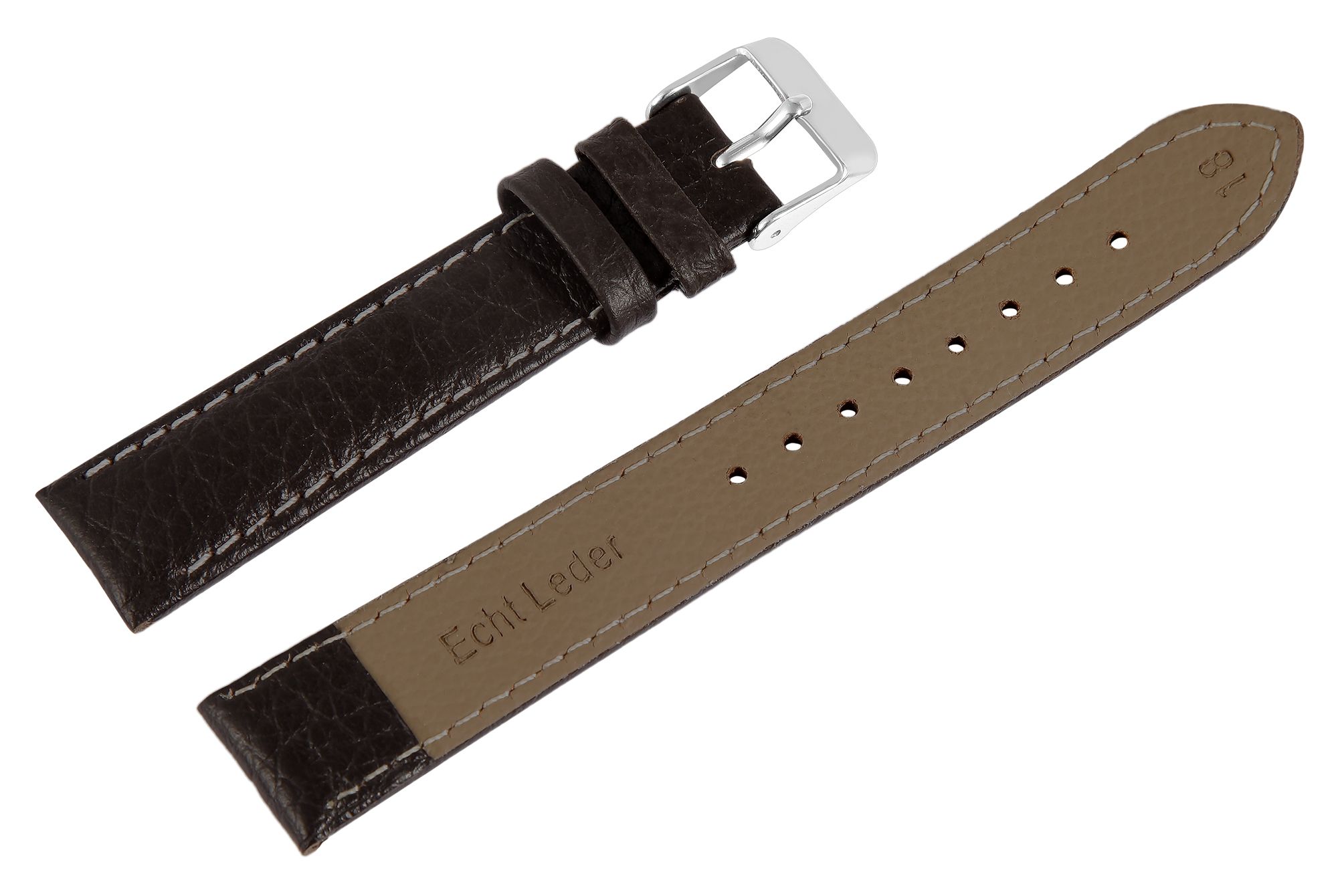Echtleder Uhrenarmband, dunkelbraun, weiße Naht, 16 mm