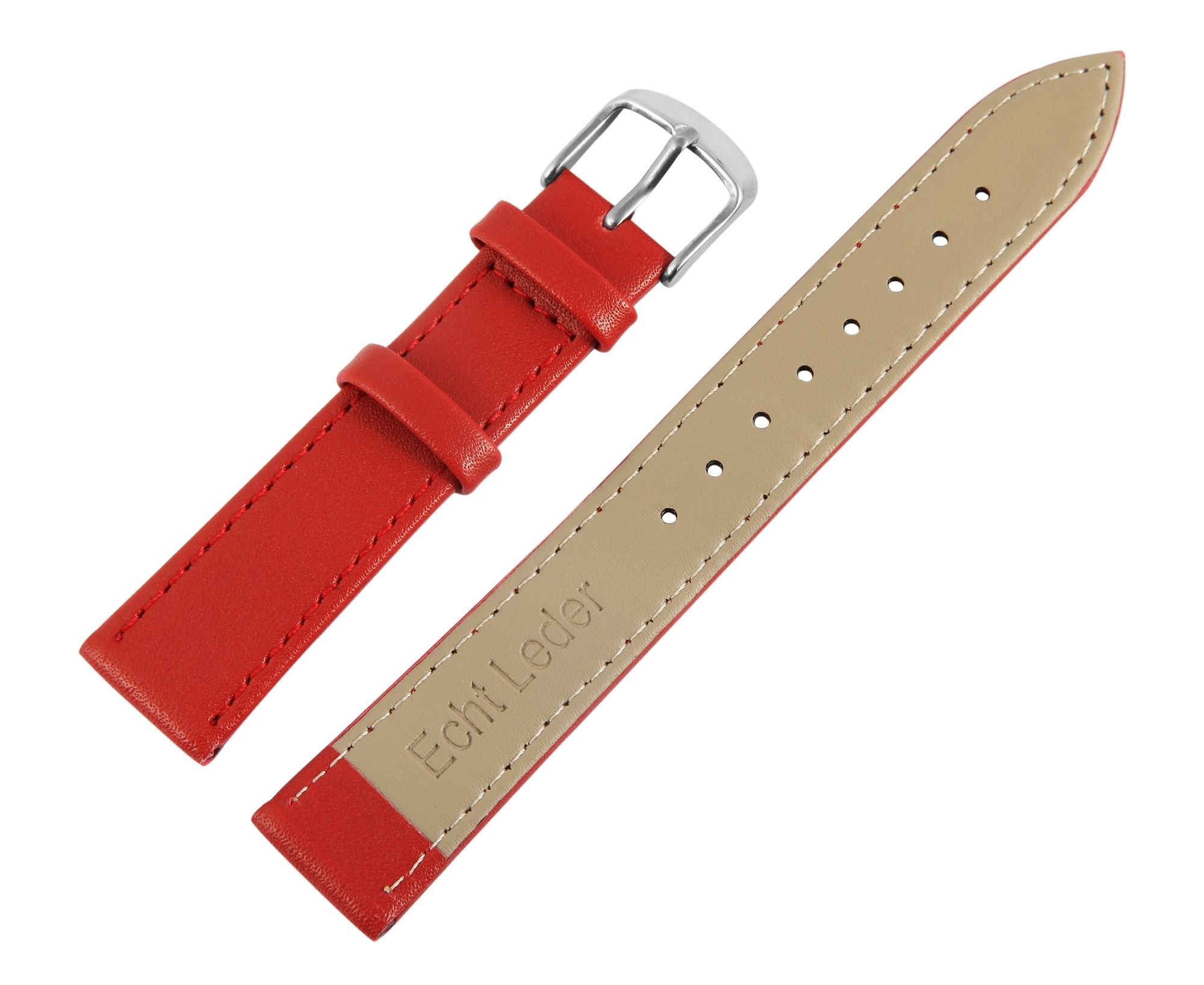 Echtlederarmband, rot, mit roter Naht, silberfarbene Dornschließe, 10 mm