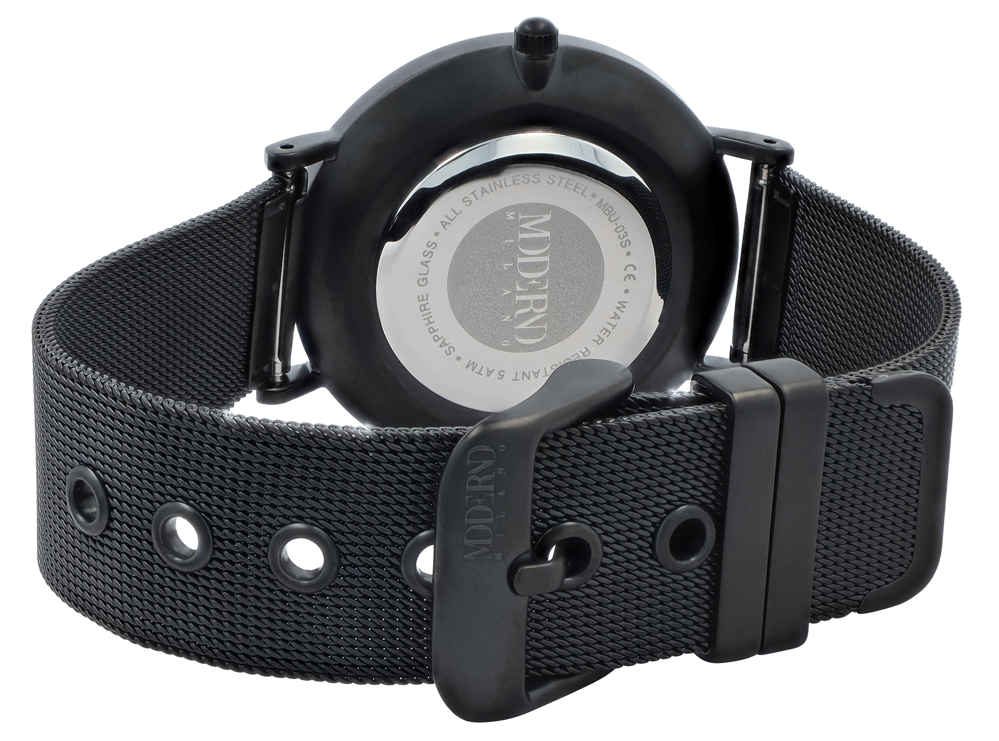 Moderno Milano Edelstahl Damenuhr Ø 36,5 mm, Meshband, Saphirglas, schwarz