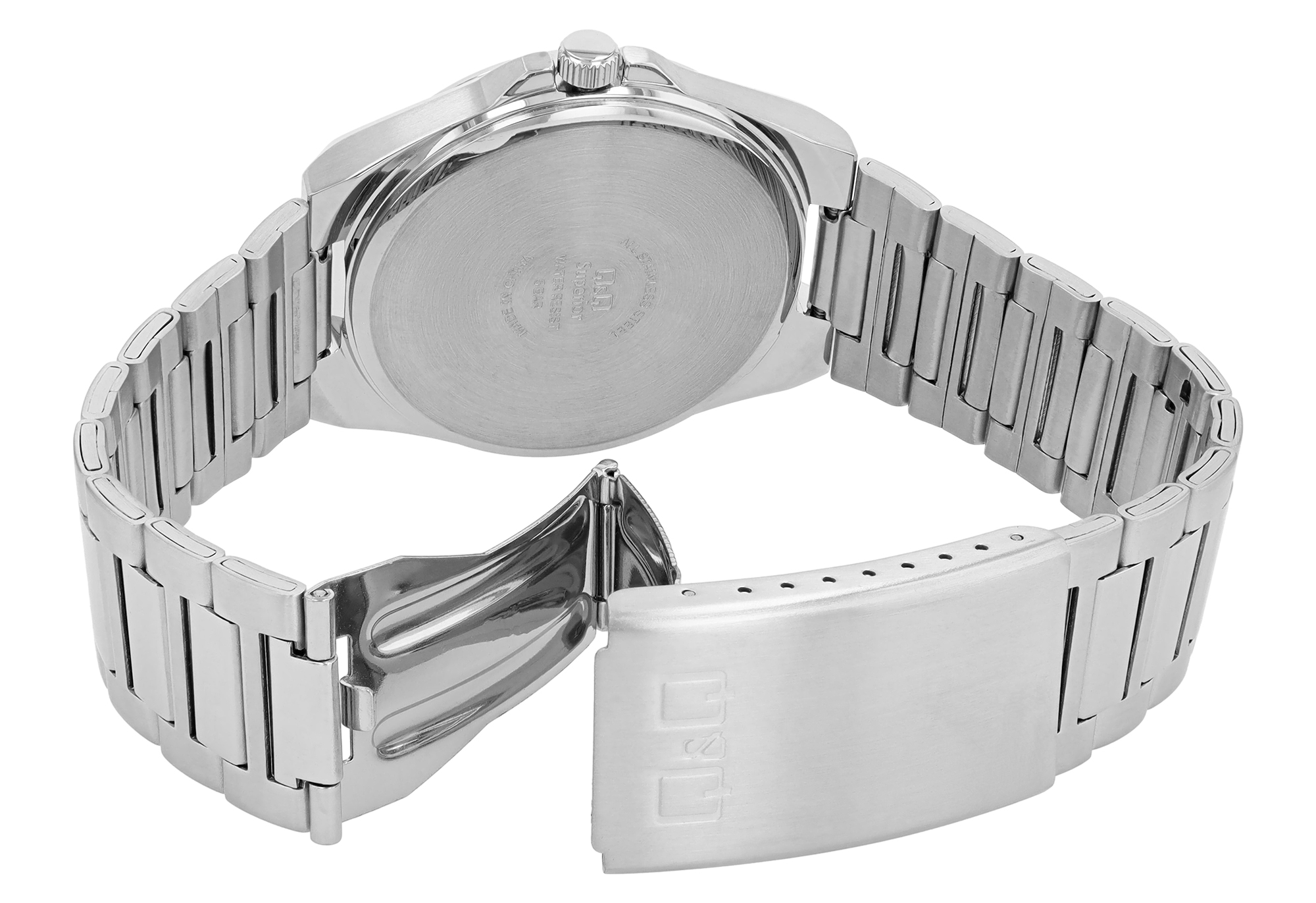Q&Q Superior Herrenuhr Ø 40 mm, Edelstahlgehäuse, Edelstahlband, silberfarben/schwarz