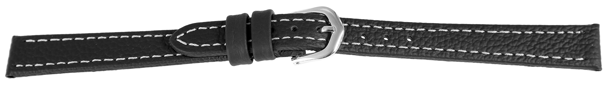 Echtleder Uhrenarmband, Edelstahl Dornschließe, schwarz mit weißer Naht, 12 mm