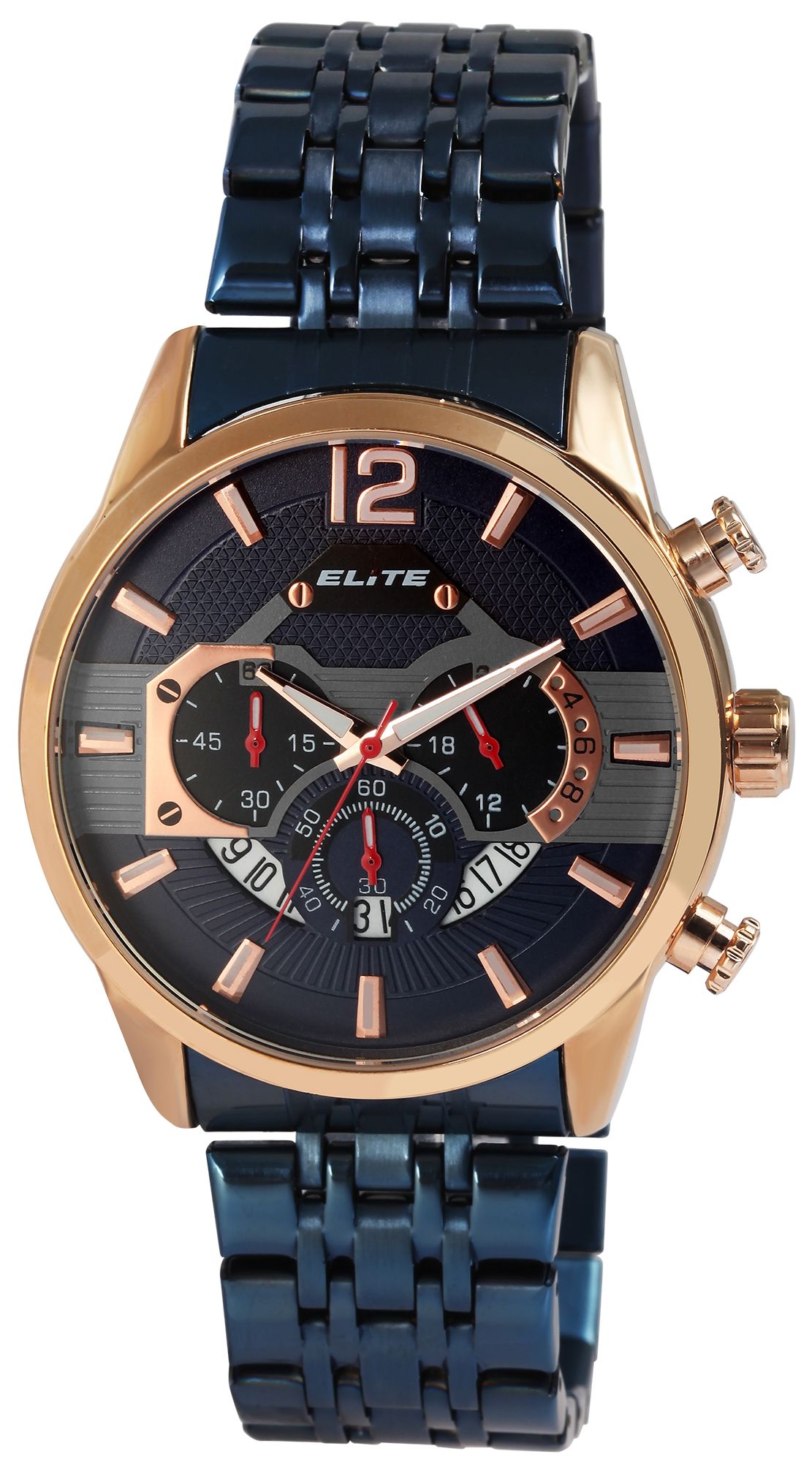 ELITE Herrenchronograph mit Edelstahlarmband, blau/roségoldfarben