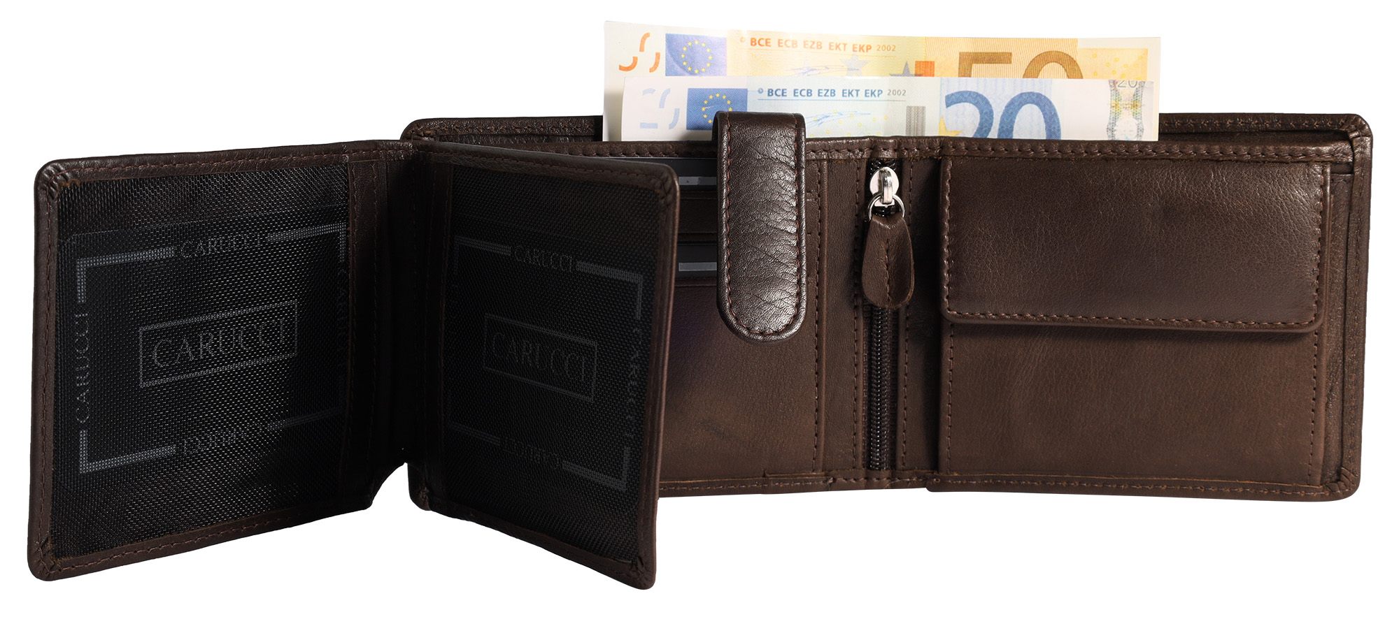 Carucci Echtleder (Bonanza) Geldbörse mit Box, RFID, Querformat, dunkebraun/ braun