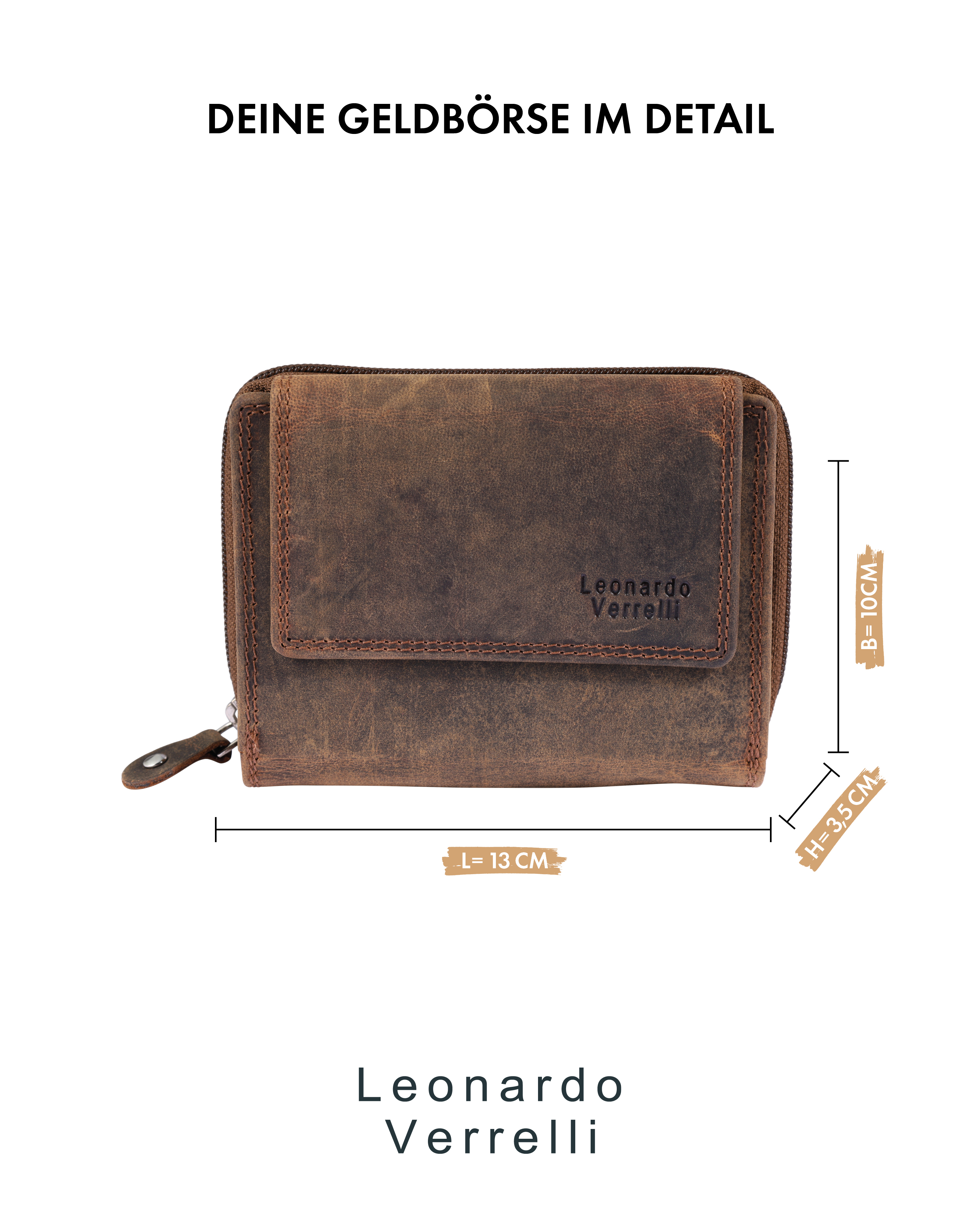 Leonardo Verrelli Echtleder (Hunter) Damen Geldbörse, Querformat, RFID, braun