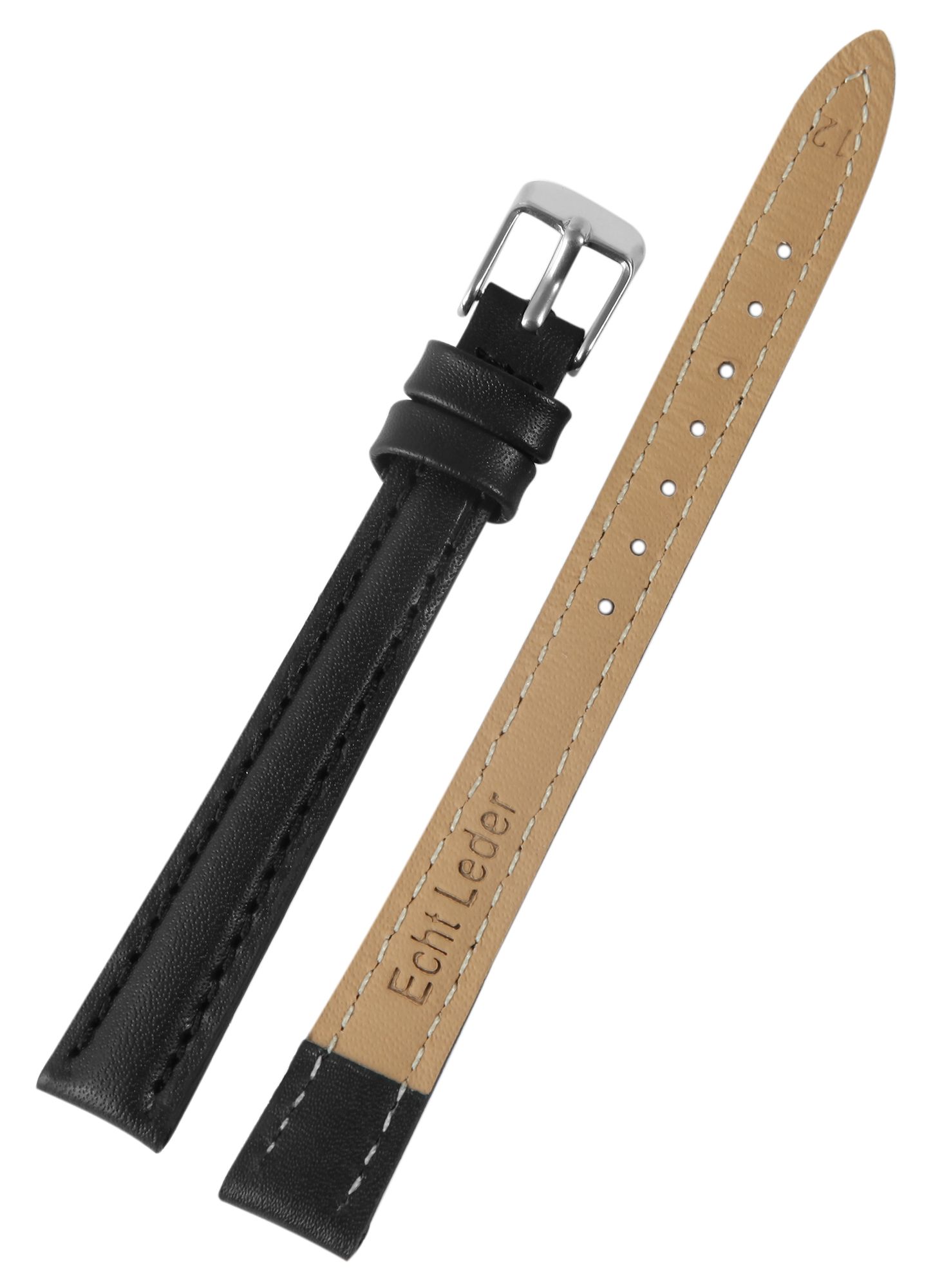 Echtleder-Uhrenarmband mit Naht, gepolstert, schwarz, 12 mm