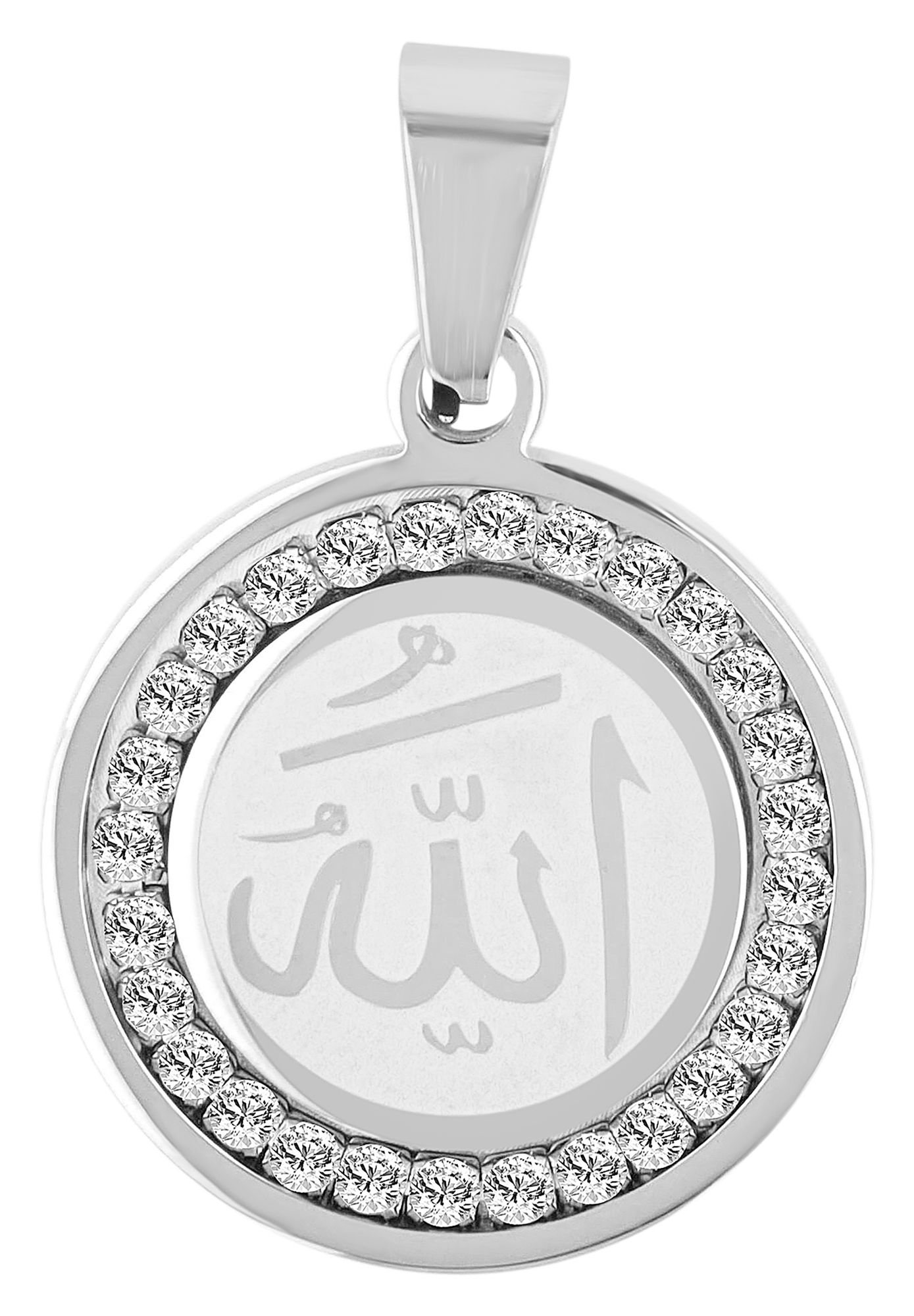 Akzent Anhänger mit Aufschrift "Allah", Edelstahl, Similibesatz, rund, Ø 25 mm, silberfarben