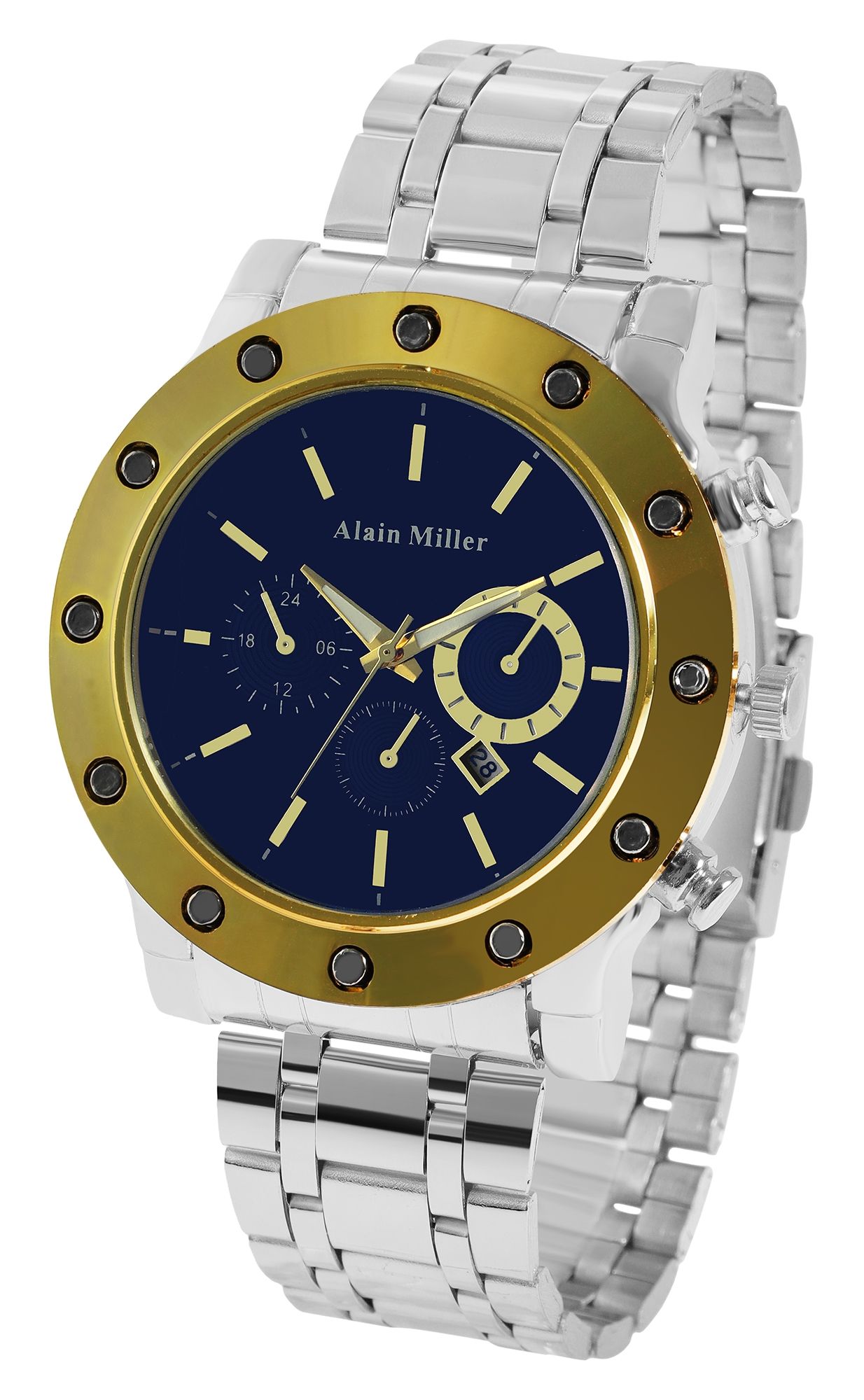 Alain Miller Herrenuhr mit Edelstahlband, silberfarbig/ goldfarbig/ schwarz