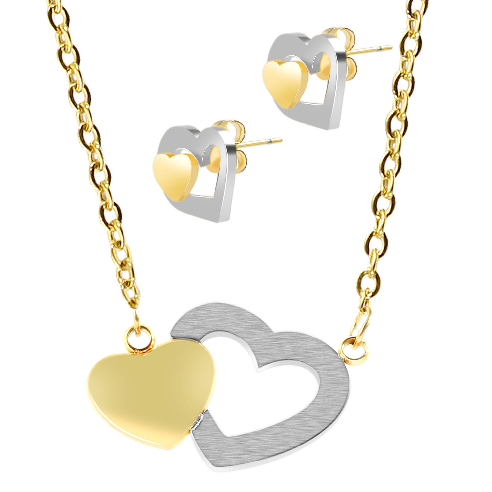 Akzent Schmuckset mit Kette und Ohrstecker, Edelstahl, Herz, bicolor