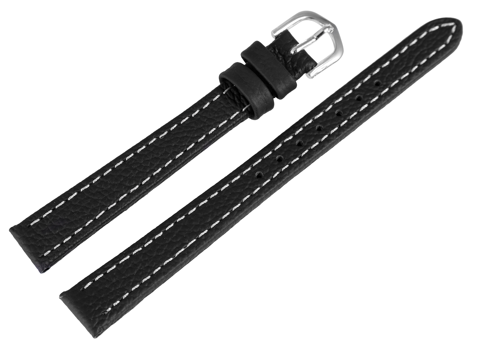Echtleder Uhrenarmband, Edelstahl Dornschließe, schwarz mit weißer Naht, 12 mm