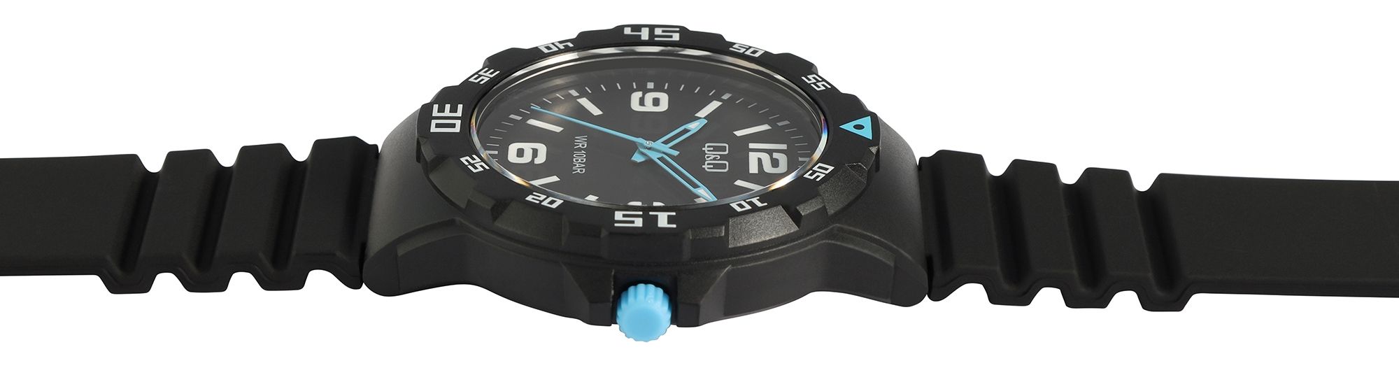 Q&Q Herrenuhr, Kunststoff, Silikonarmband, Ø 42 mm, schwarz (hellblau)